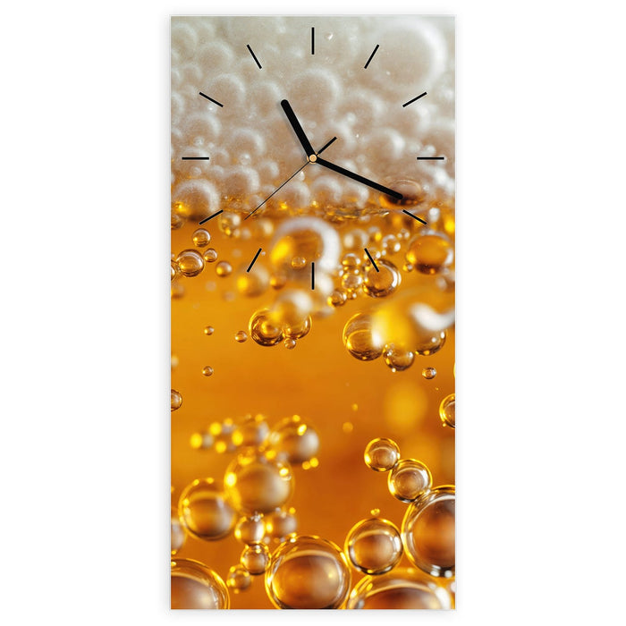 Wanduhr Goldene Champagnerblasen aus Glas – Hochformat 30 × 60 cm mit Ziffernblatt Linie