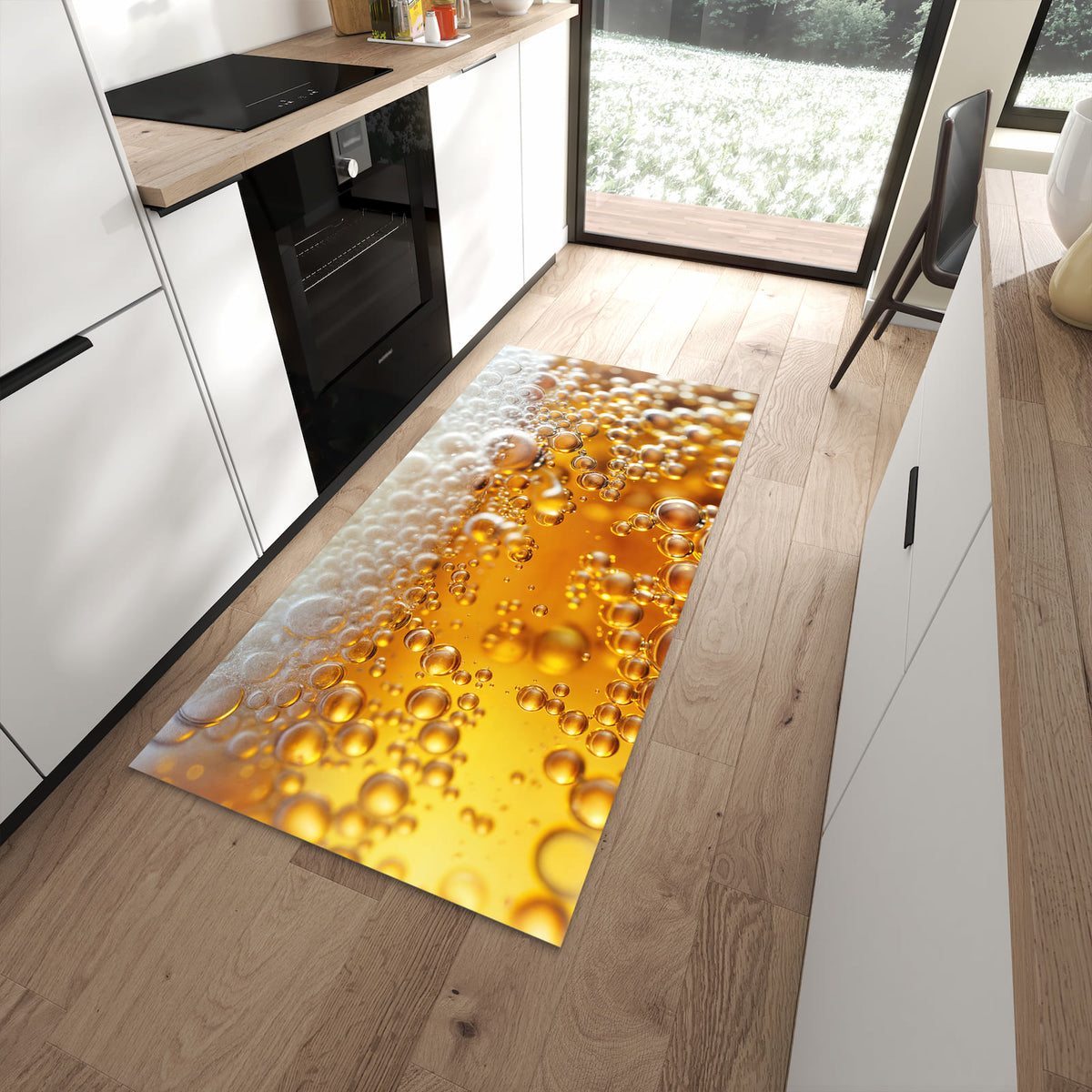 Geruchsneutraler Küchenteppich mit Motiv Blasen von Sprudelnde in moderner Küche