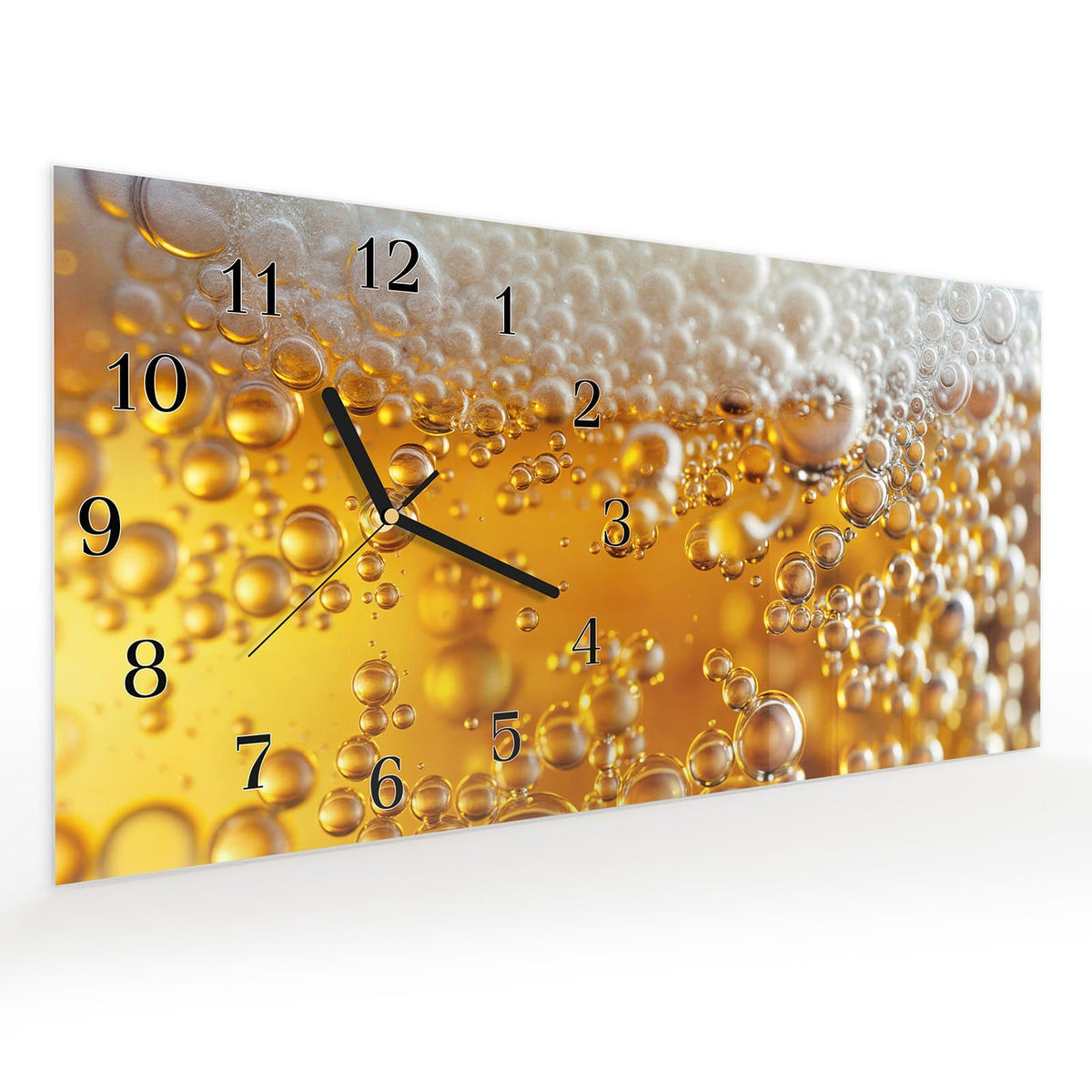 Vormontiert – mit Schwebeeffekt – Wanduhr Goldene Champagnerblasen aus Glas – Querformat 60 × 30 cm