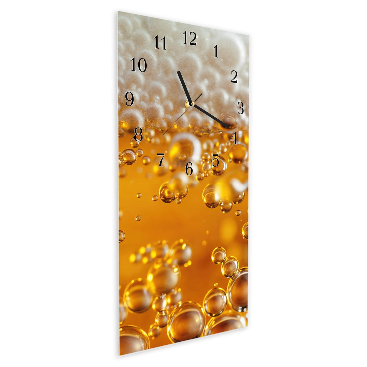 Vormontiert – mit Schwebeeffekt – Wanduhr Goldene Champagnerblasen aus Glas – Hochformat 30 × 60 cm