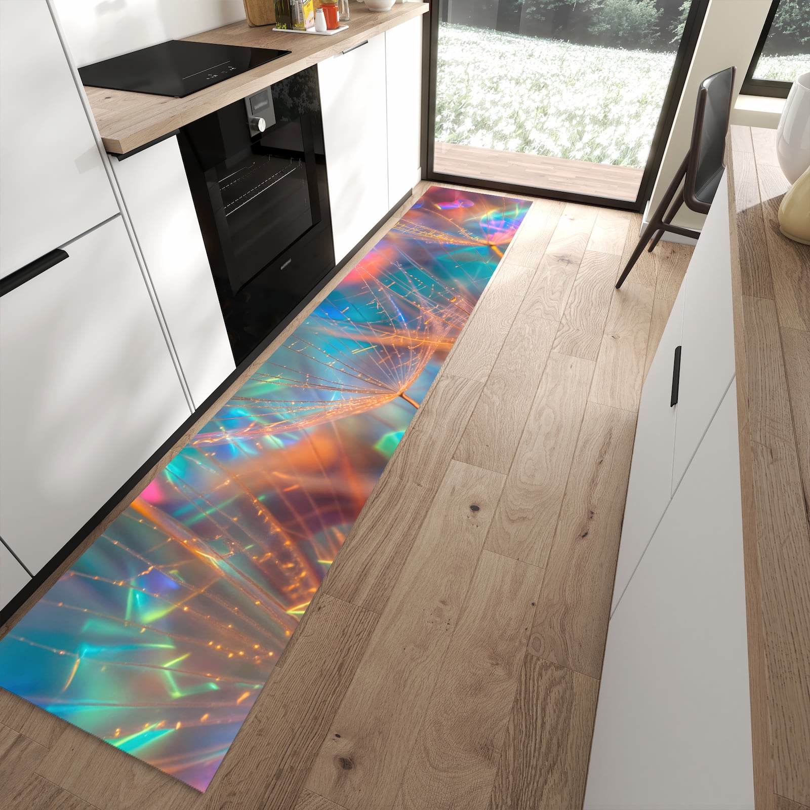 Strapazierfähiger Küchenläufer mit Motiv Schimmernde Natur in moderner Küche