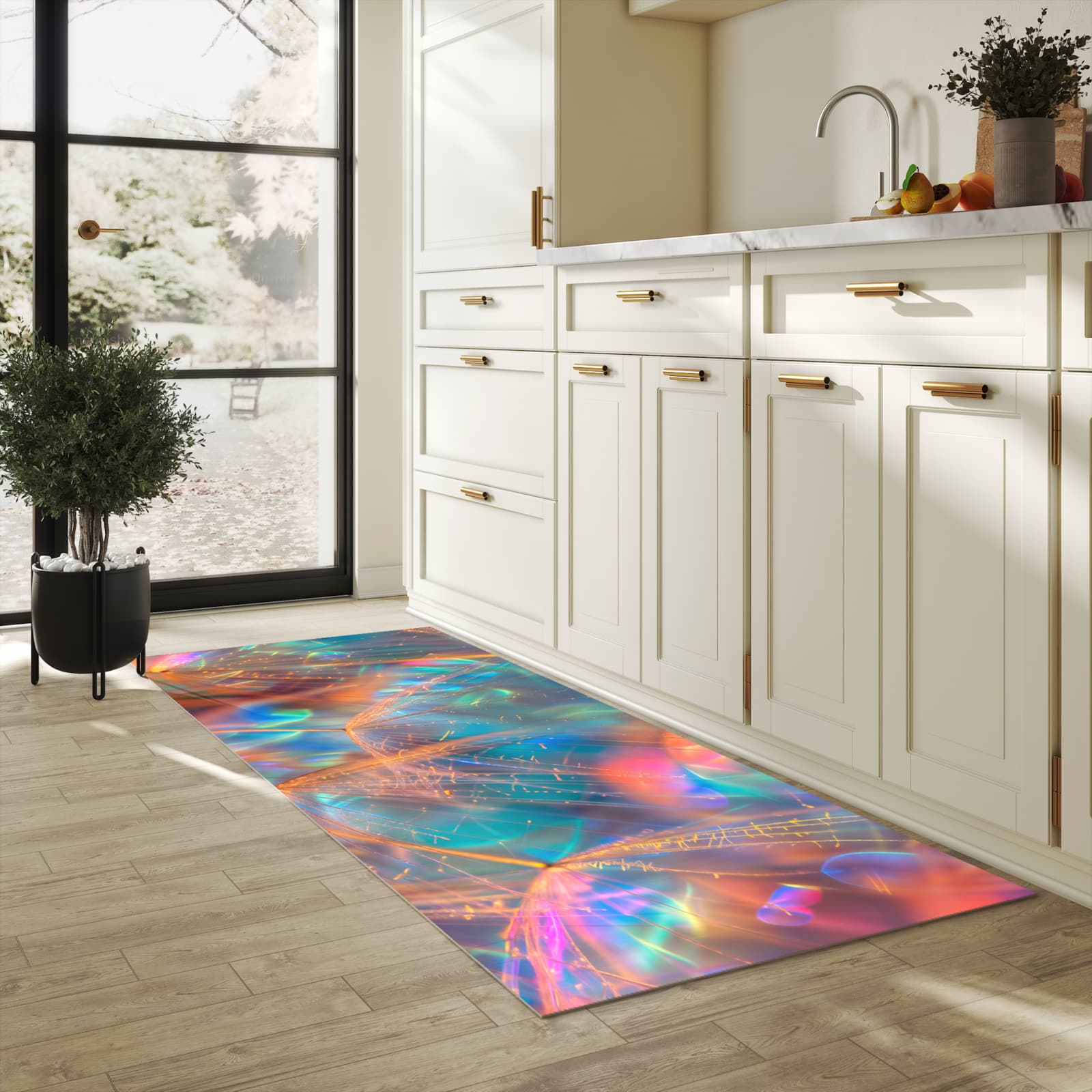 Pflegeleichter waschbarer Küchenläufer mit Motiv Schimmernde Natur in heller Küche