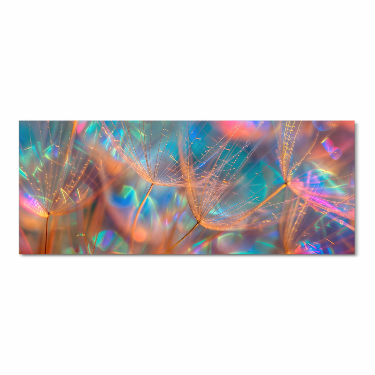 Samenschirmchen vor schillerndem Regenbogen-Bokeh in Pink, Türkis und Orange.