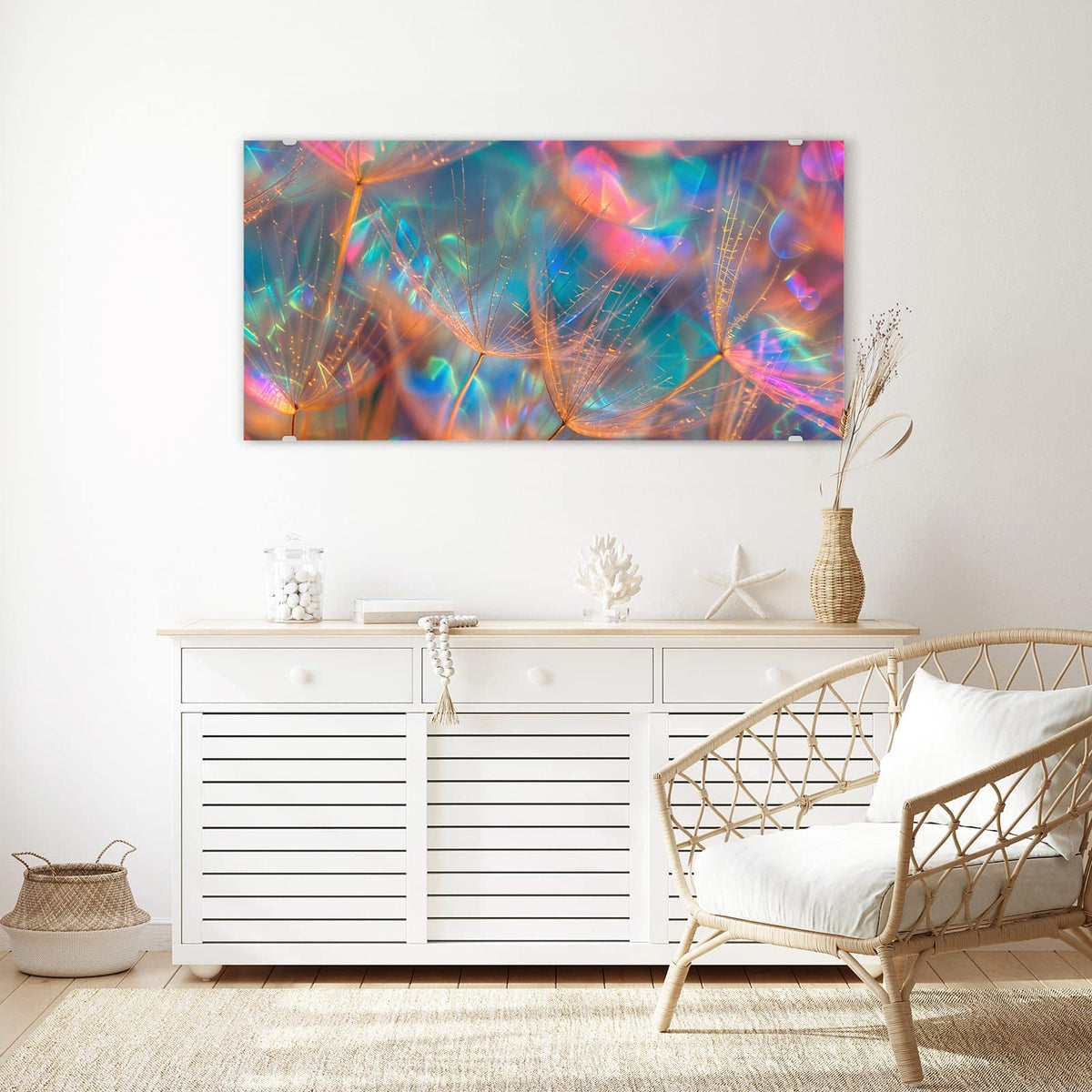 Echtglas, 4 mm – kein Acryl, keine Folie – Wandbild - Bunte Pusteblume - Querformat