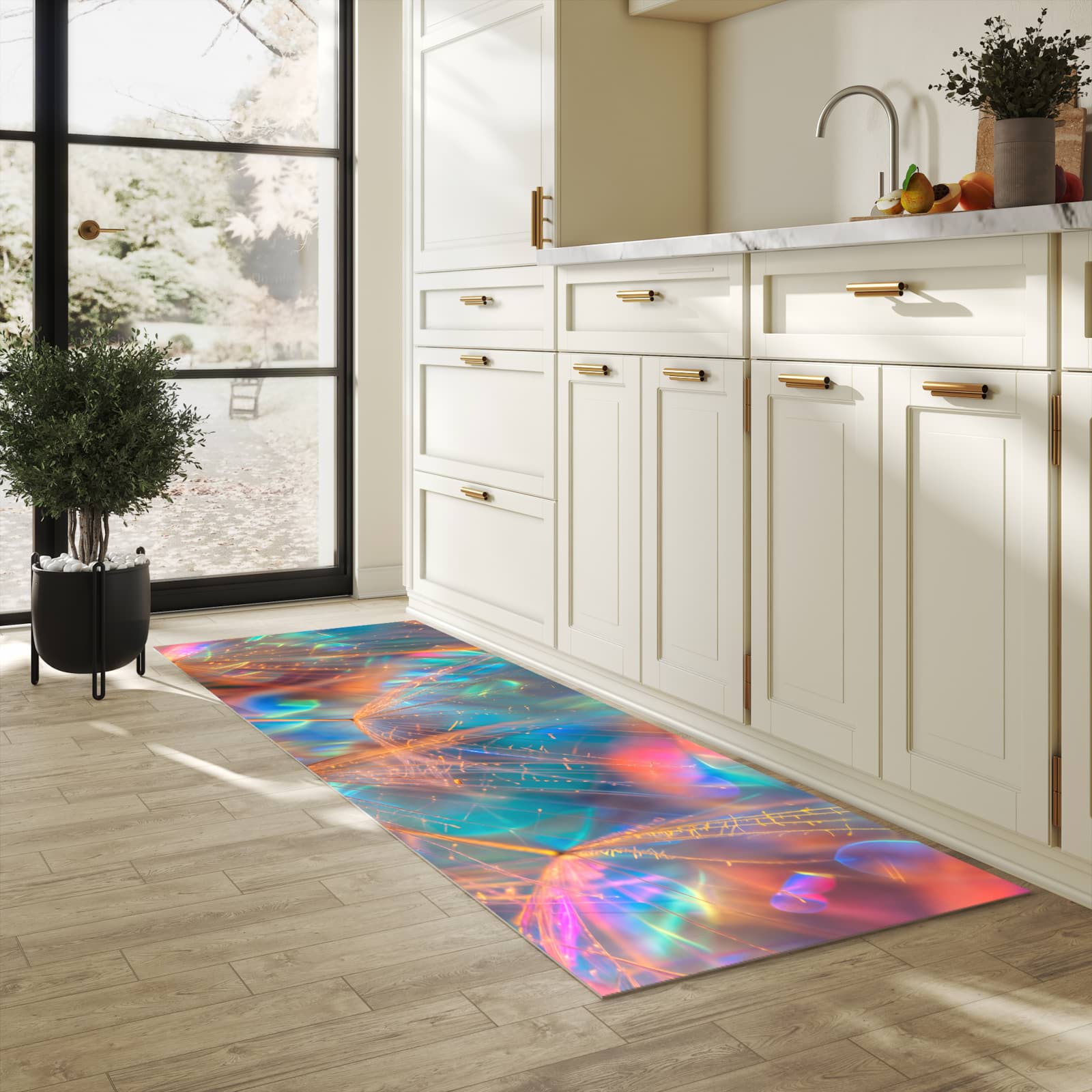 Schmutzabweisender Küchenläufer mit Motiv Schimmernde Natur in heller Küche