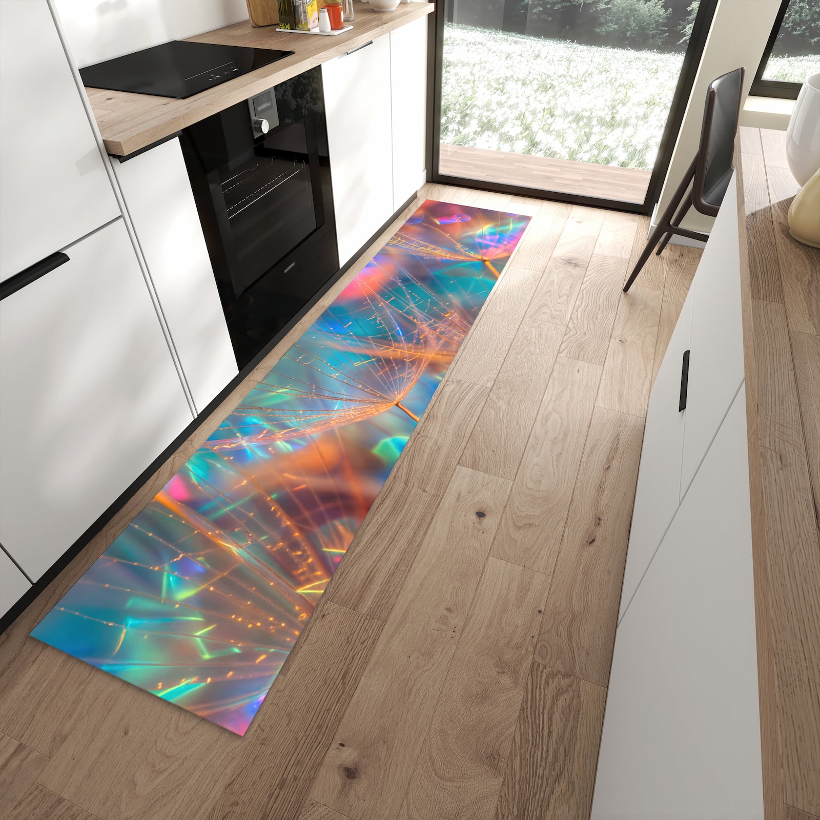 Hygienischer Küchenteppich mit Motiv Schimmernde Natur in moderner Küche - waschbar