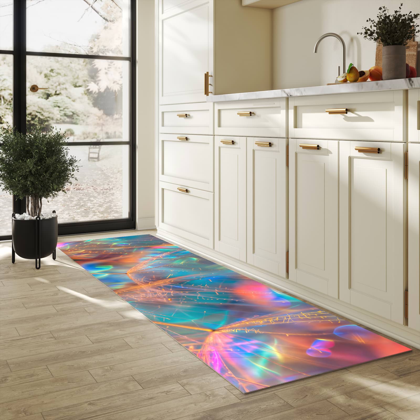 Geruchsneutraler rutschfester Küchenläufer mit Motiv Schimmernde Natur in heller Küche