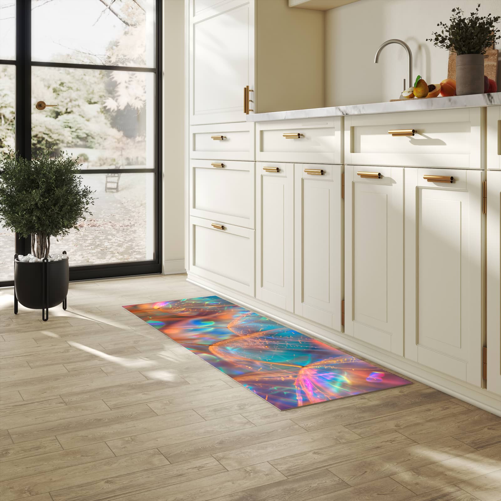 Geräuschdämpfender Küchenläufer mit Motiv Schimmernde Natur in heller Küche