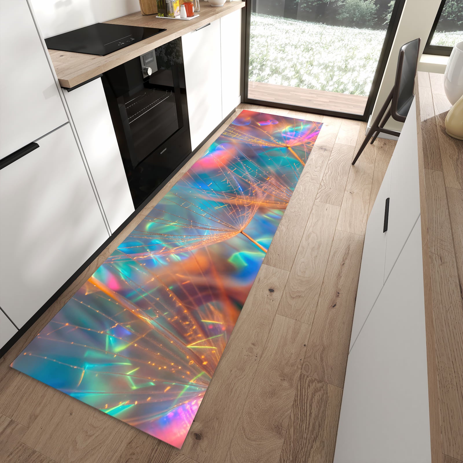 Feuchtigkeitsresistenter rutschfester Küchenläufer mit Motiv Schimmernde Natur in moderner Küche