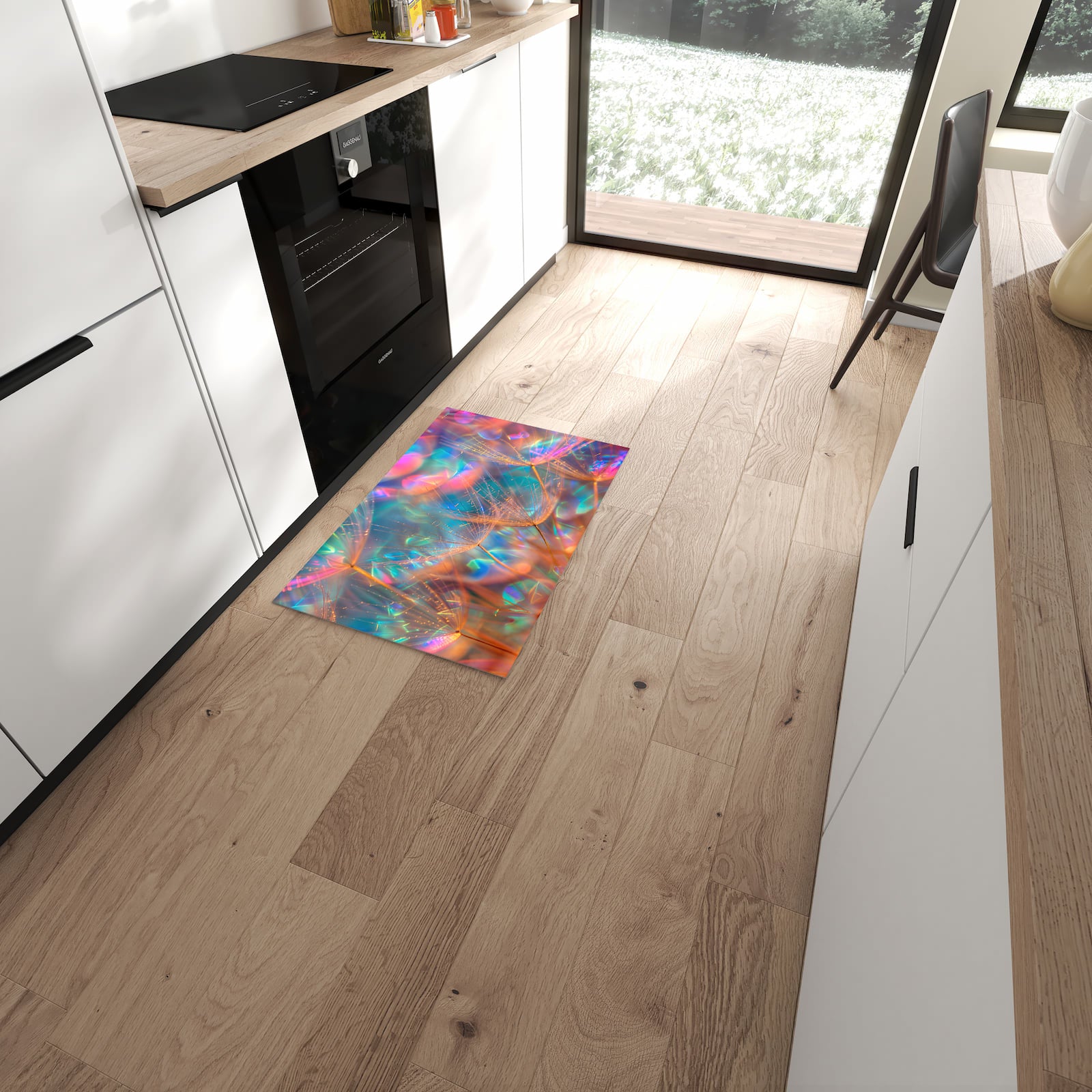 Waschbarer Küchenläufer mit Motiv Schimmernde Natur in moderner Küche