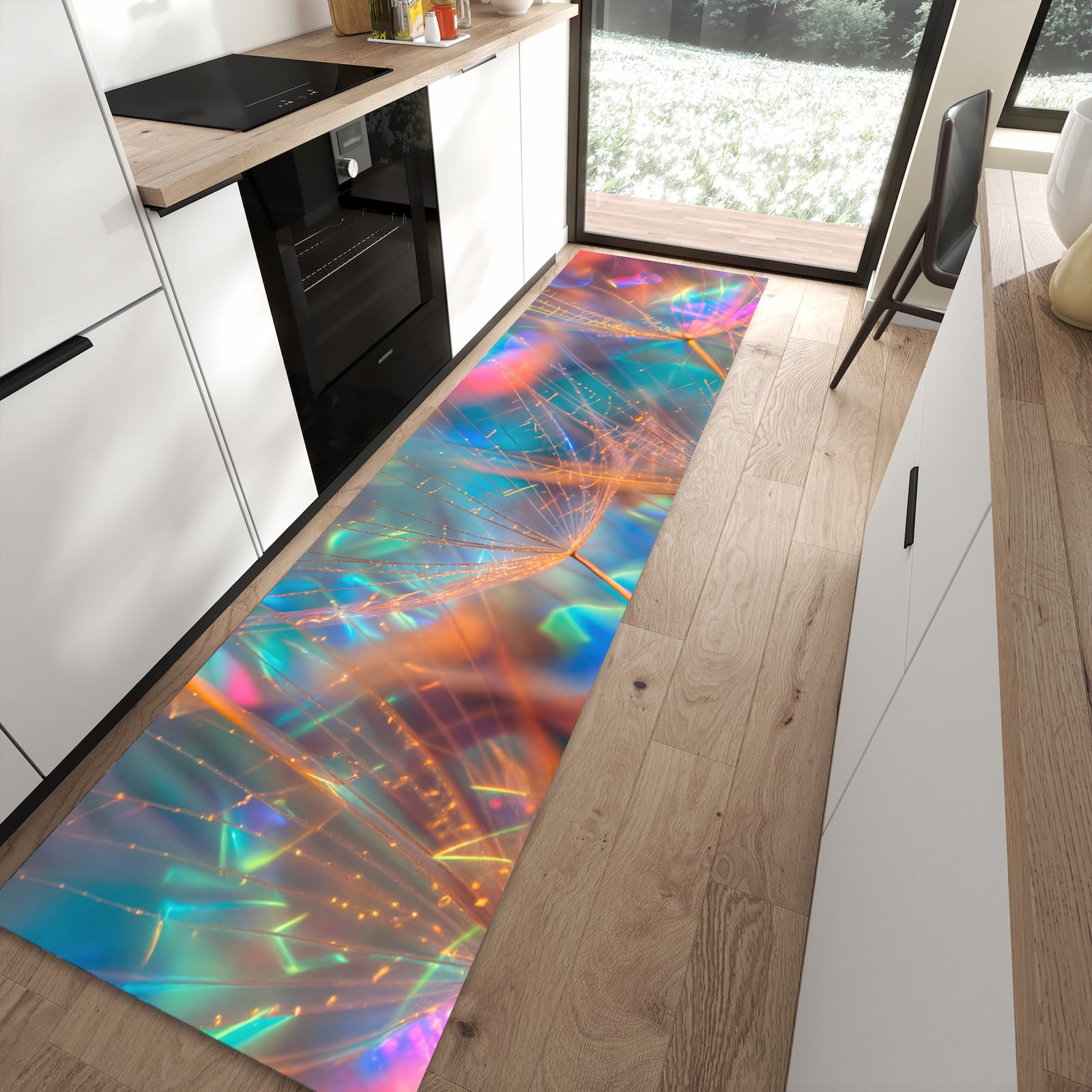 Bodenschonender rutschfester Küchenläufer mit Motiv Schimmernde Natur in moderner Küche