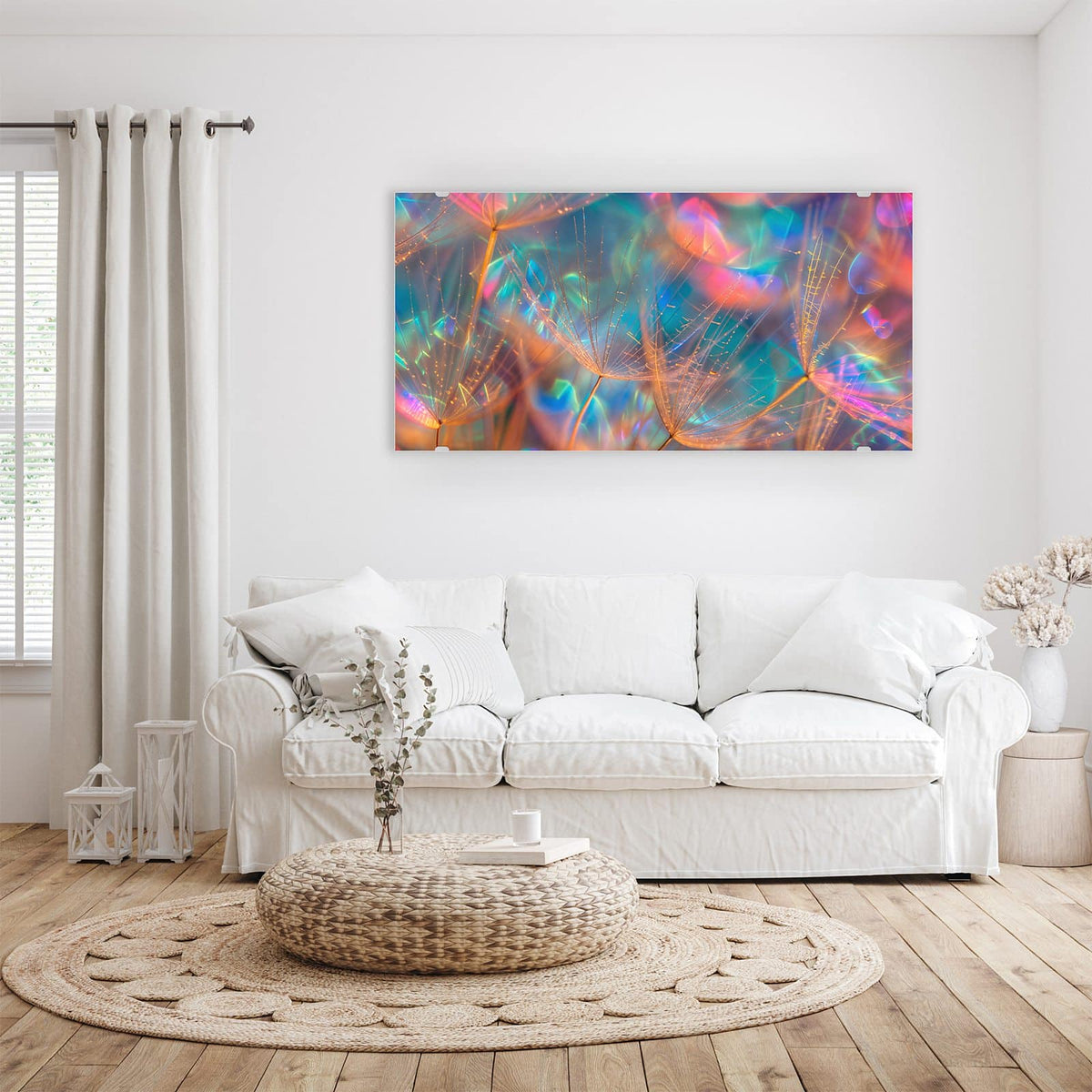 Wandbild - Bunte Pusteblume - Querformat – Pusteblumensamen im Regenbogen-Bokeh