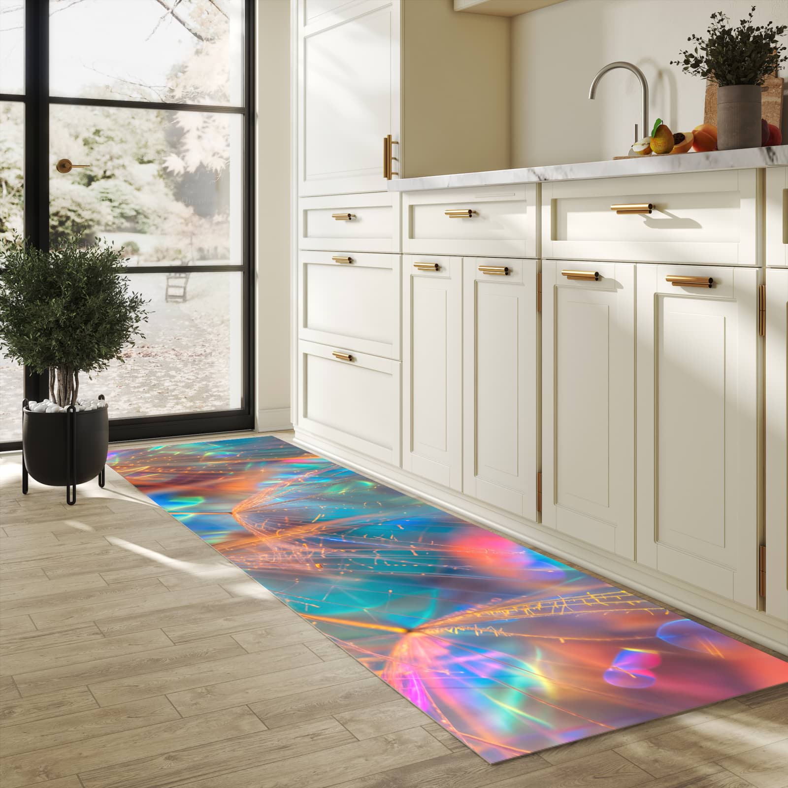 Langlebiger Küchenläufer mit Motiv Schimmernde Natur in heller Küche