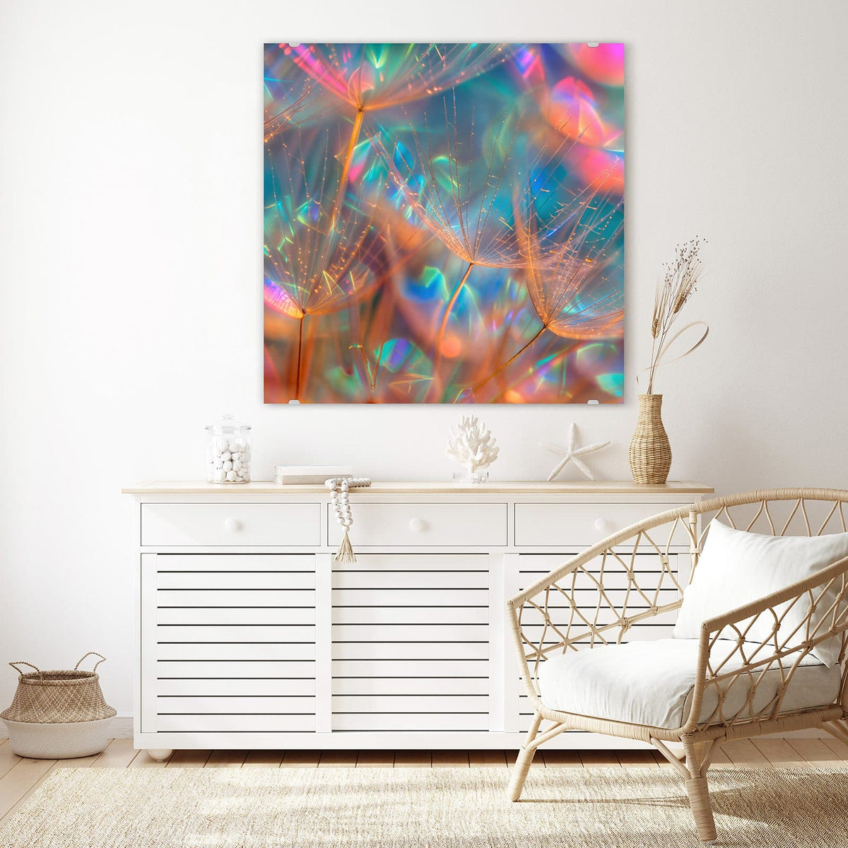 Echtglas, 4 mm – kein Acryl, keine Folie – Wandbild - Bunte Pusteblume - Quadratisch