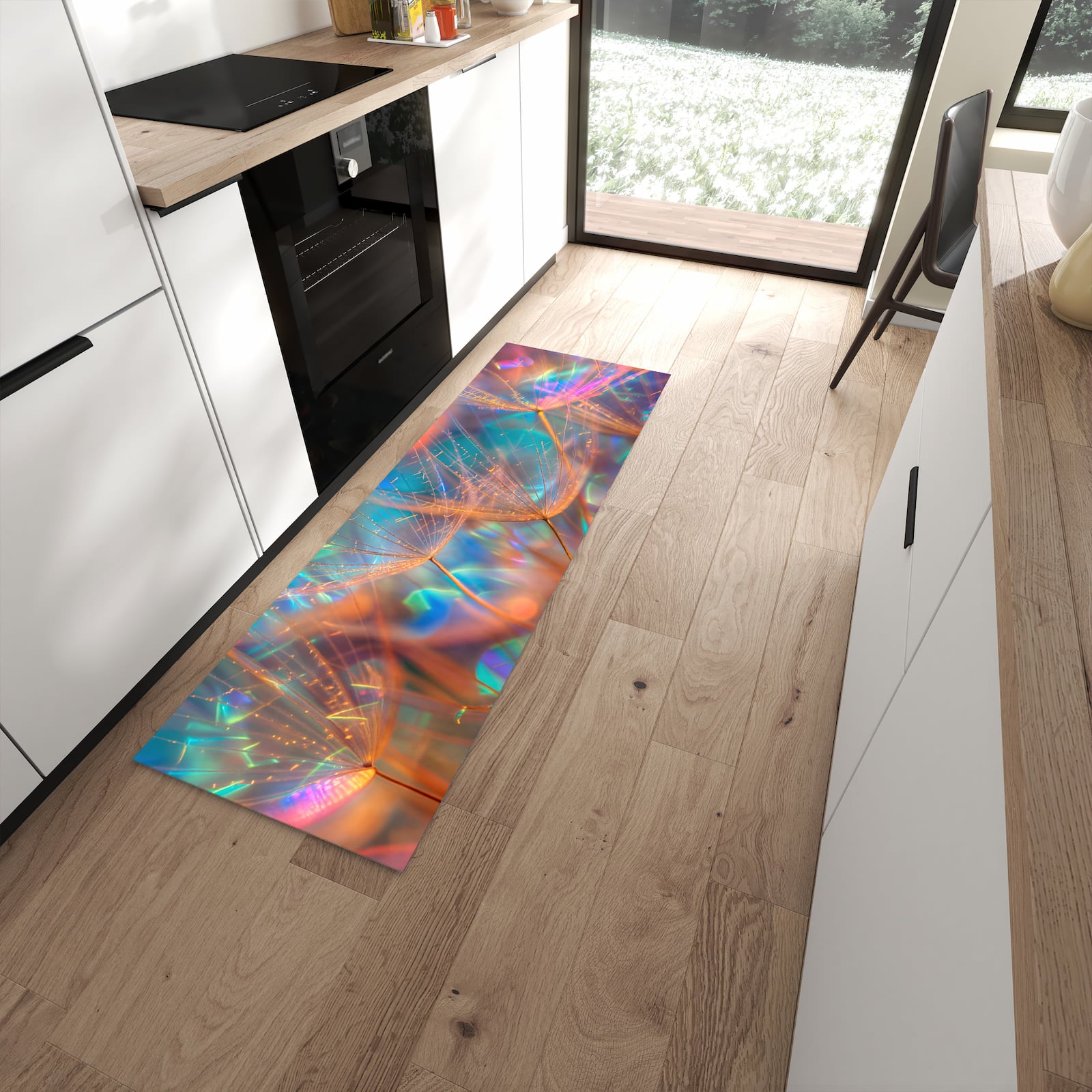 Pflegeleichter großer Küchenteppich mit Motiv Schimmernde Natur in moderner Küche