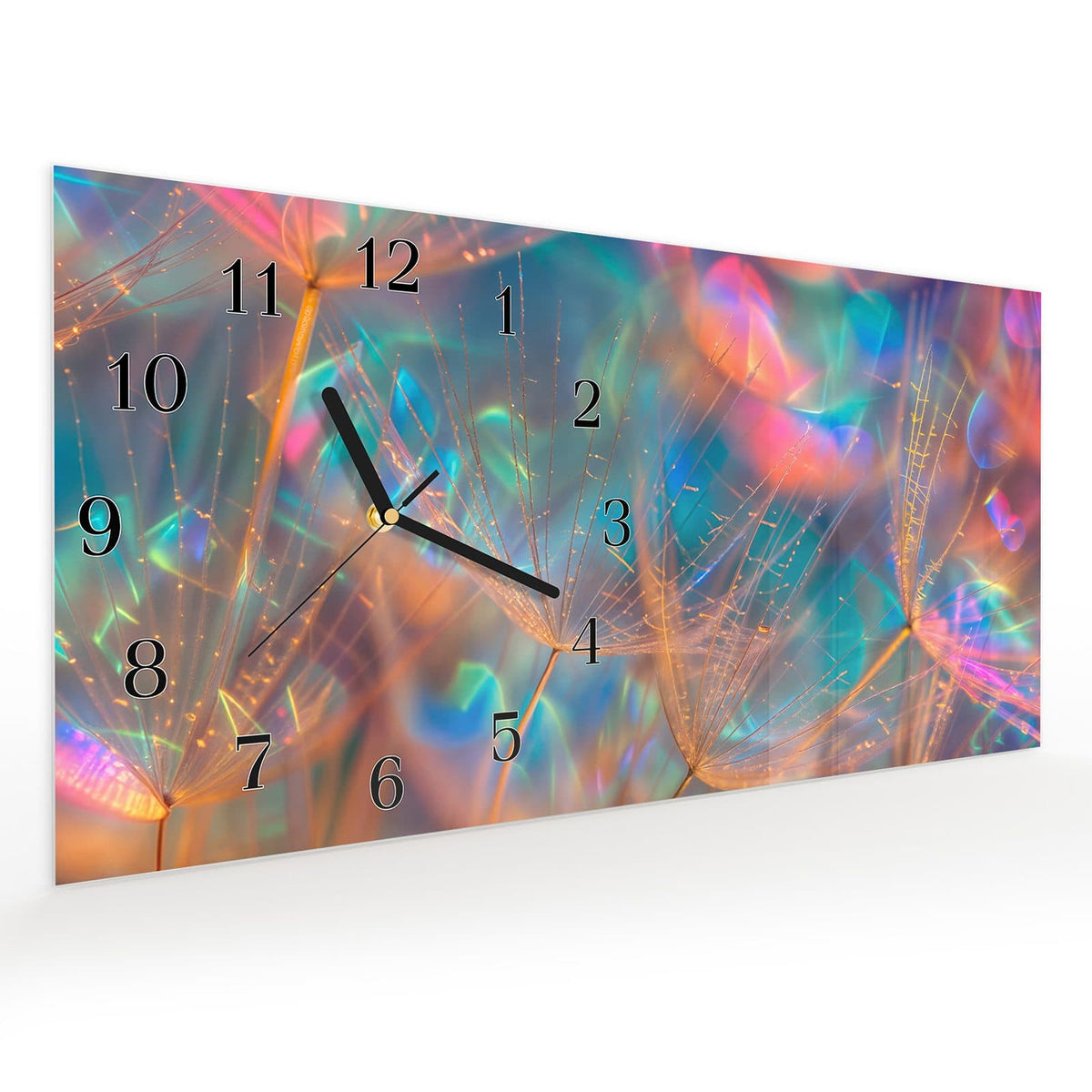 Vormontiert – mit Schwebeeffekt – Wanduhr Schimmernde Natur aus Glas – Querformat 60 × 30 cm
