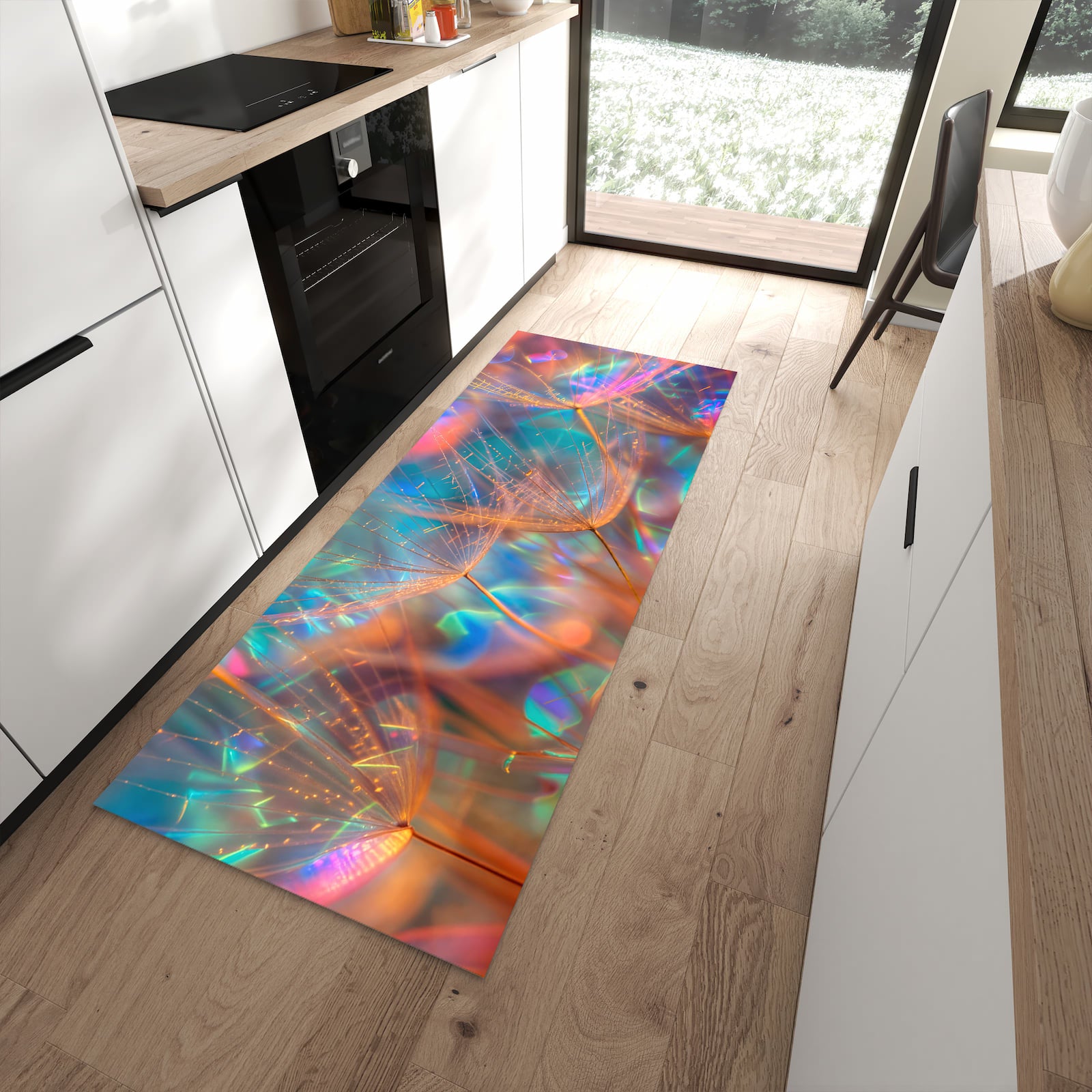 Langlebiger Küchenläufer mit Motiv Schimmernde Natur in moderner Küche