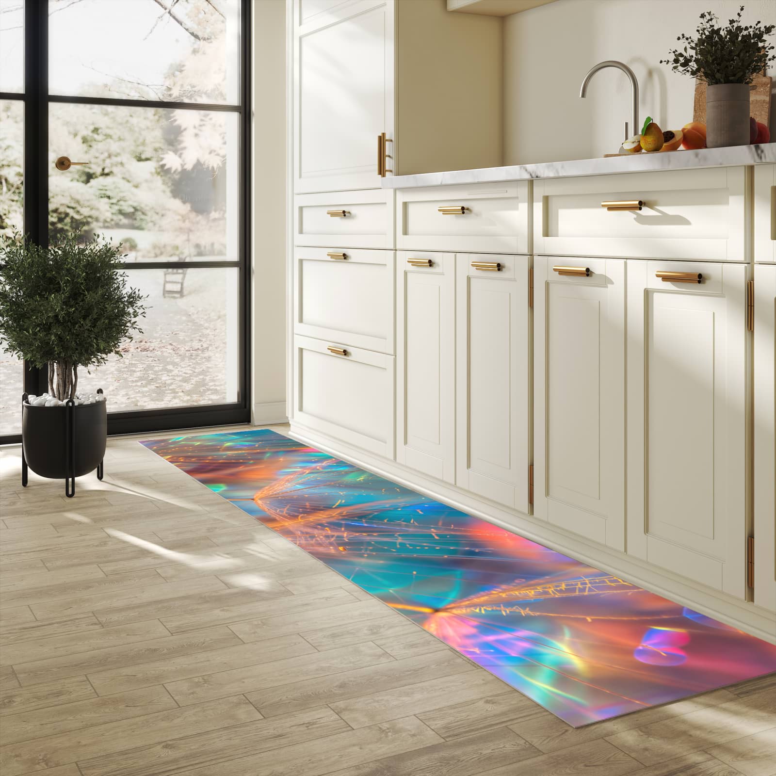 Rutschfester Küchenläufer mit Motiv Schimmernde Natur für Trittkomfort in heller Küche