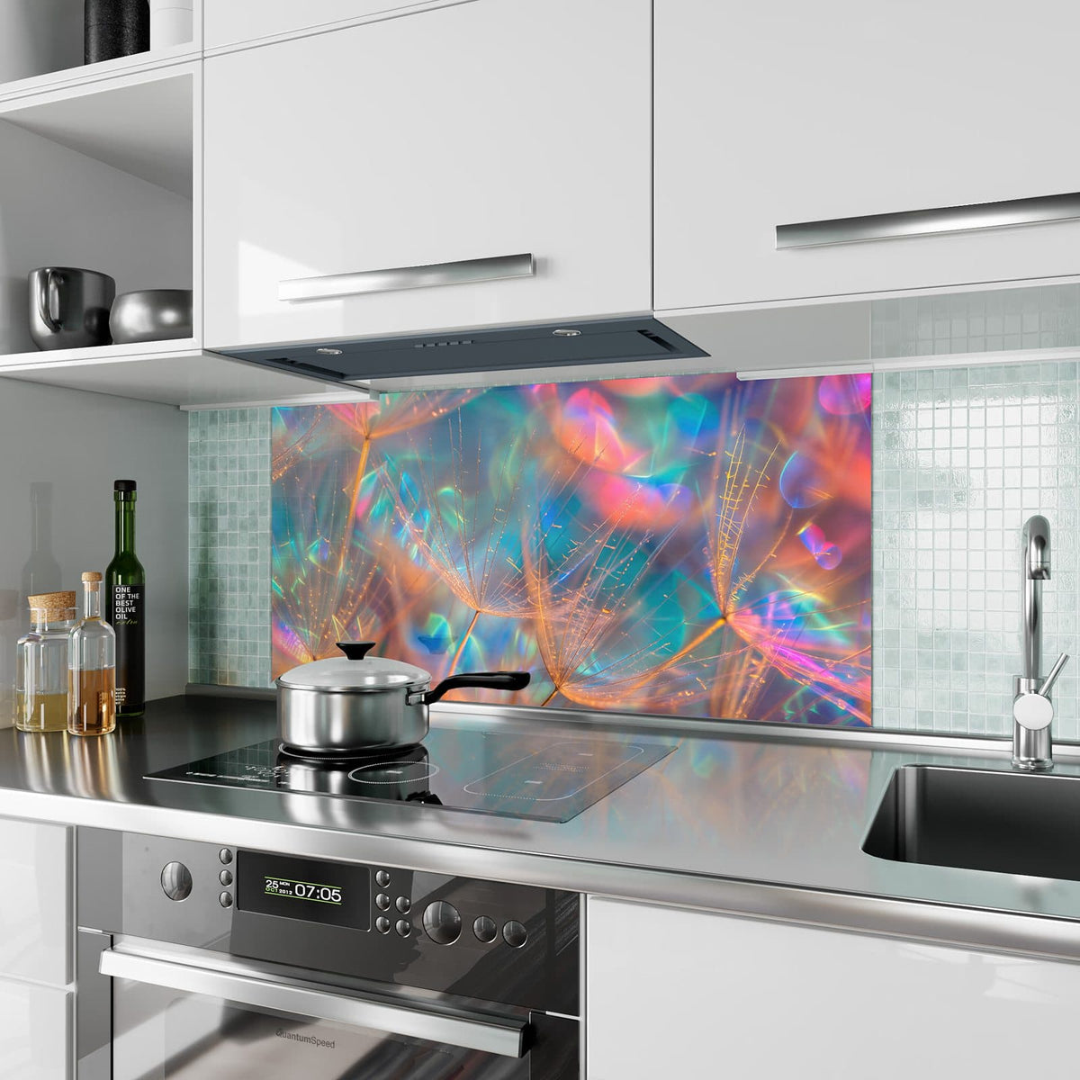 Küchenrückwand aus Glas Bunte Pusteblume im Hochformat als Spritzschutz hinter dem Kochfeld, über dem Fliesenspiegel montiert