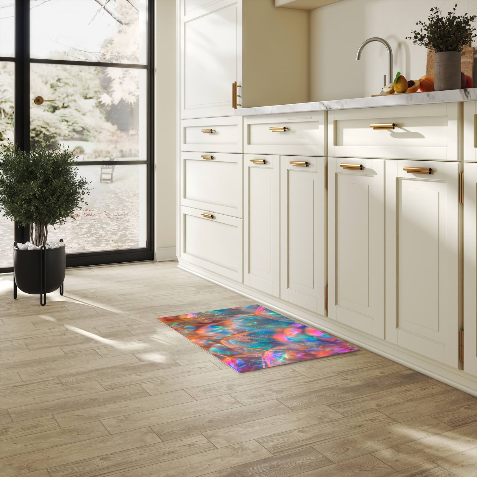 Wasserabweisender rutschfester Küchenläufer mit Motiv Schimmernde Natur in heller Küche