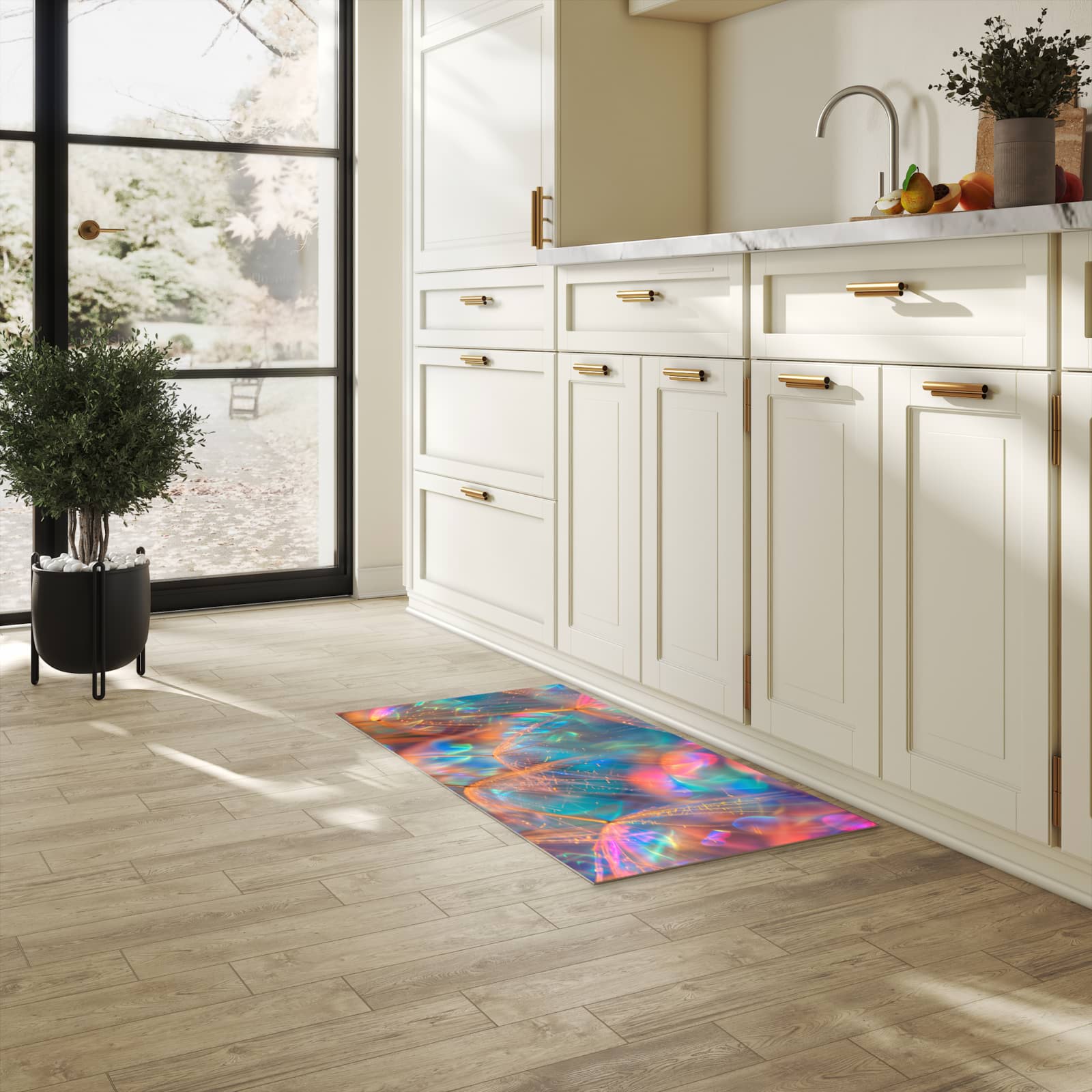 Rutschfester Küchenteppich mit Motiv Schimmernde Natur in heller Küche für sicheren Stand