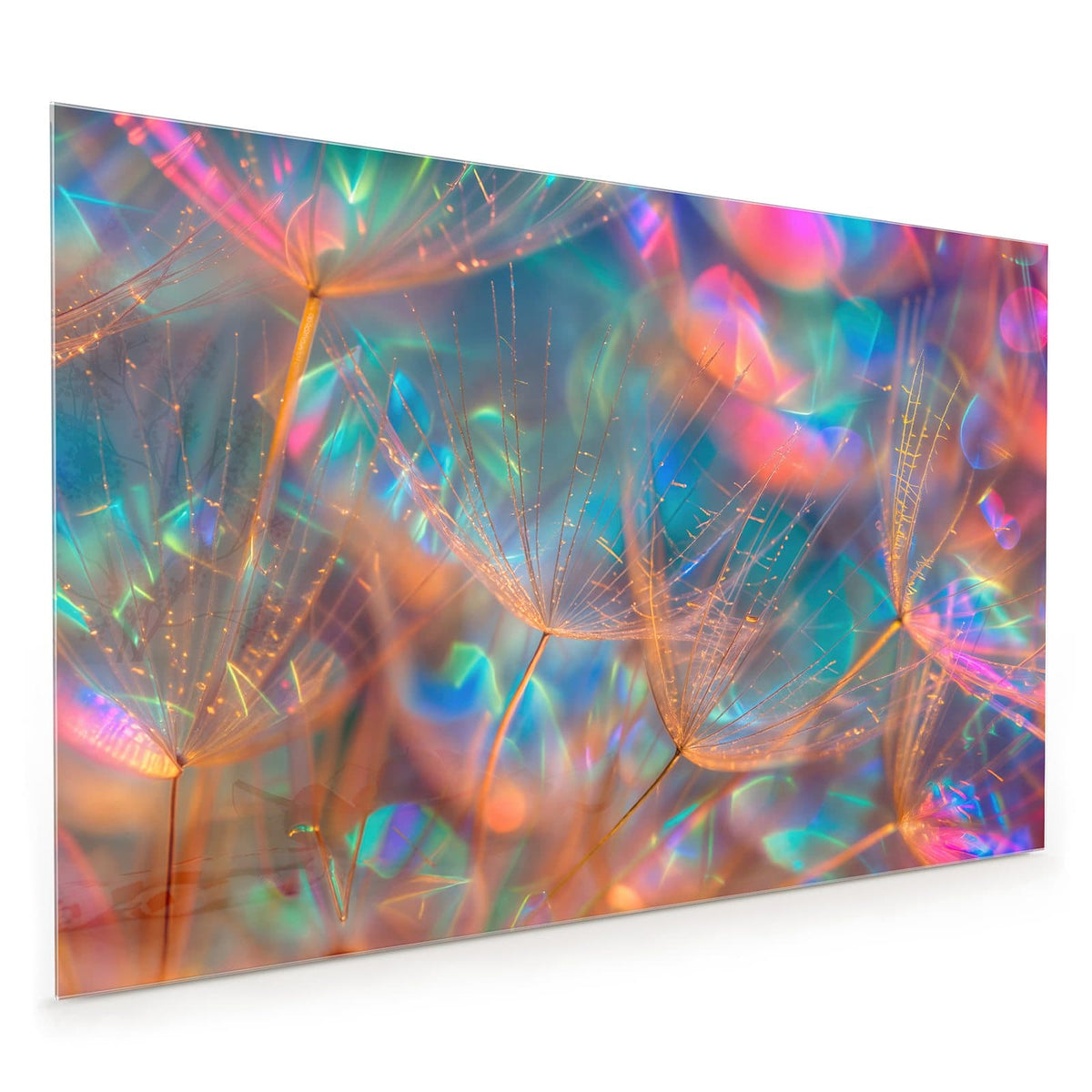 Küchenrückwand aus Glas im Hochformat mit Motiv Bunte Pusteblume: Samenschirmchen vor schillerndem Regenbogen-Bokeh in Pink, Türkis und Orange.