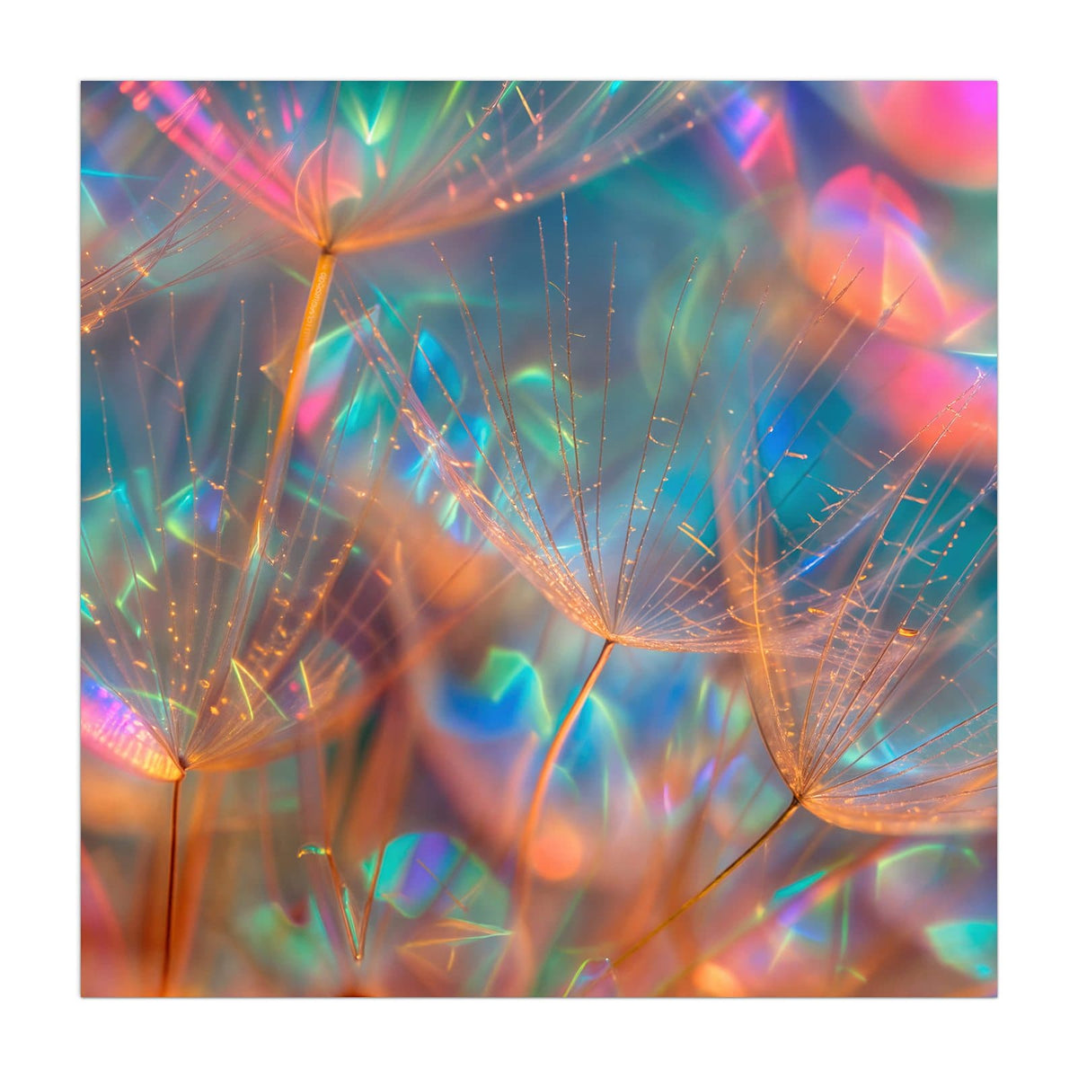 Samenschirmchen vor schillerndem Regenbogen-Bokeh in Pink, Türkis und Orange.