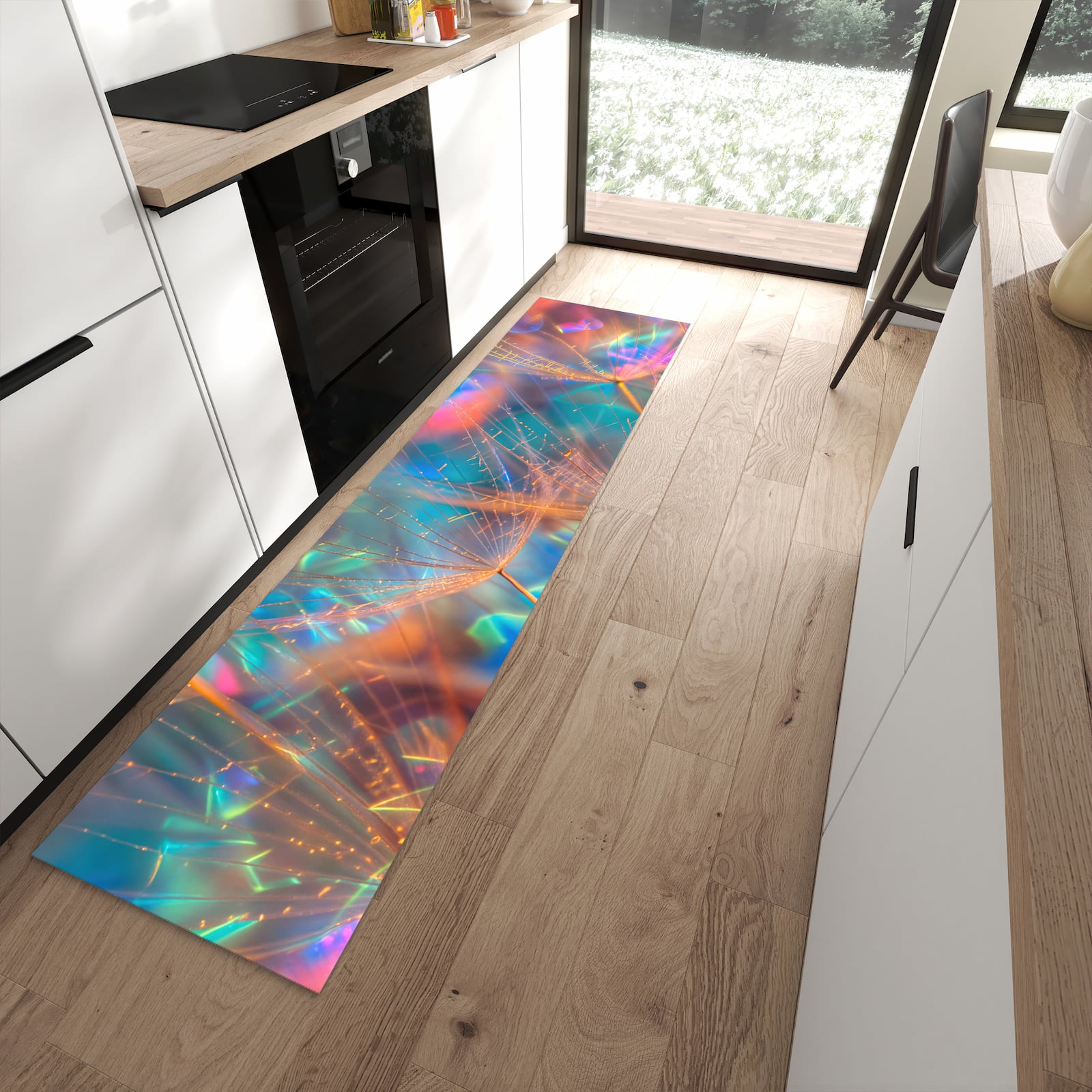 Rutschfester Küchenteppich mit Motiv Schimmernde Natur für angenehmes Stehen in moderner Küche