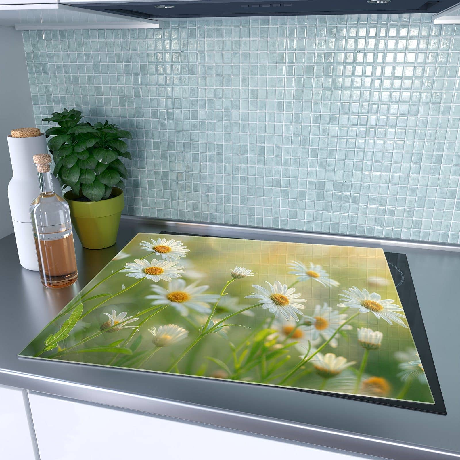 1-teilige Glasabdeckplatte für Ceranfeld mit Blühende Gänseblümchen-Motiv auf dem Ceranfeld