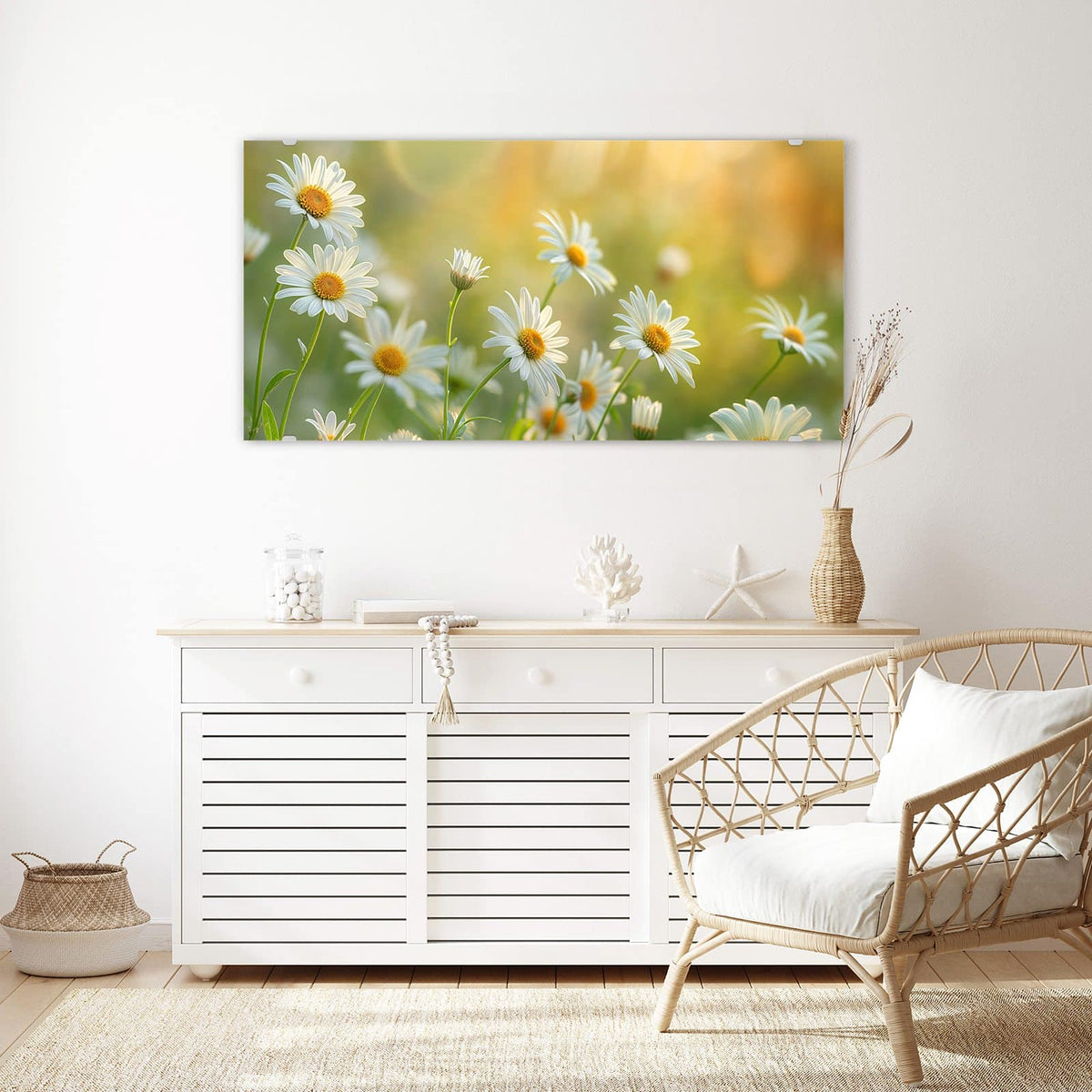 Echtglas, 4 mm – kein Acryl, keine Folie – Wandbild - Weiße Margeriten - Querformat