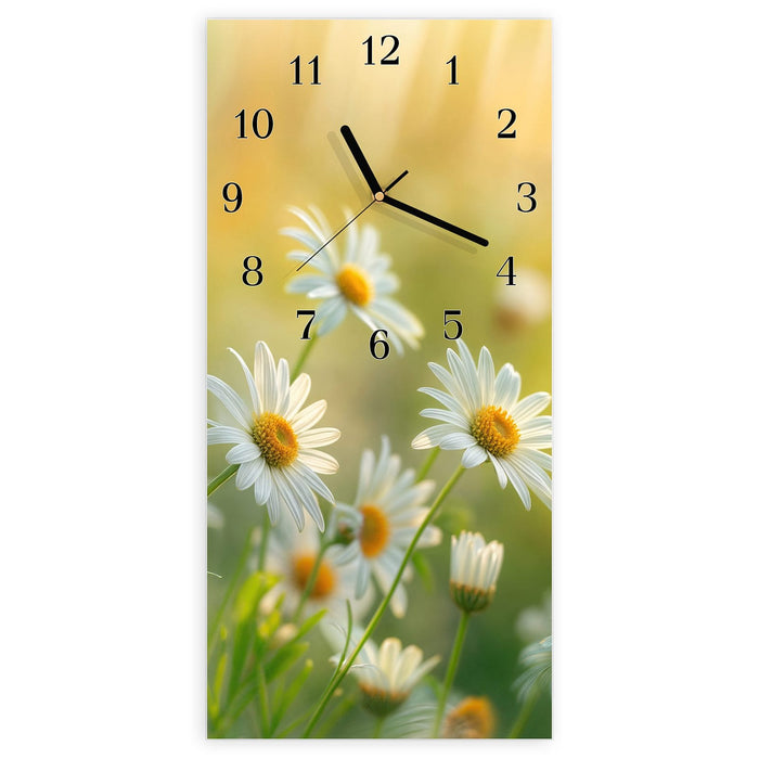 Wanduhr Blühende Gänseblümchen aus Glas – Hochformat 30 × 60 cm mit Ziffernblatt Klassisch