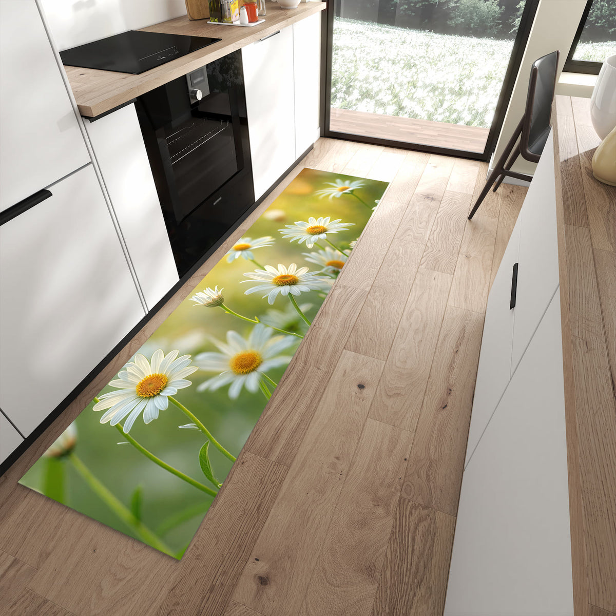 Wasserabweisender Küchenläufer mit Motiv Blühende Gänseblümchen in moderner Küche