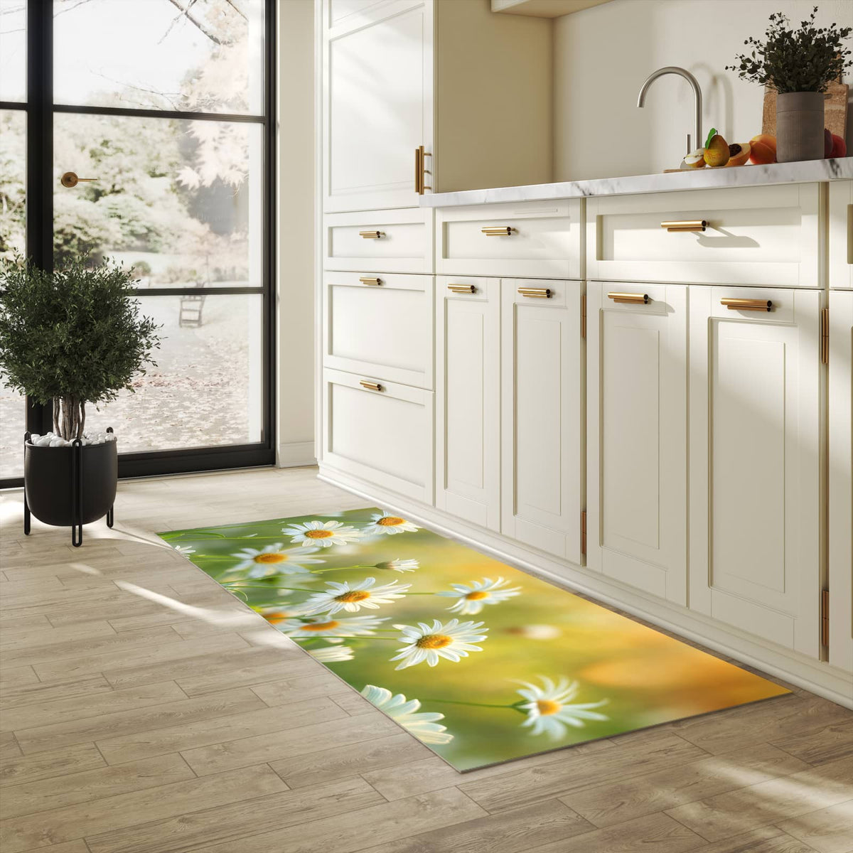 Bodenschonender Küchenteppich mit Motiv Blühende Gänseblümchen in heller Küche