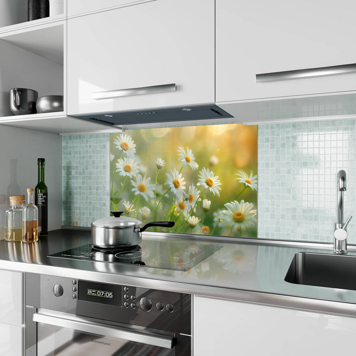 Küchenrückwand aus Glas Weiße Margeriten im Hochformat als Spritzschutz hinter dem Kochfeld, über dem Fliesenspiegel montiert
