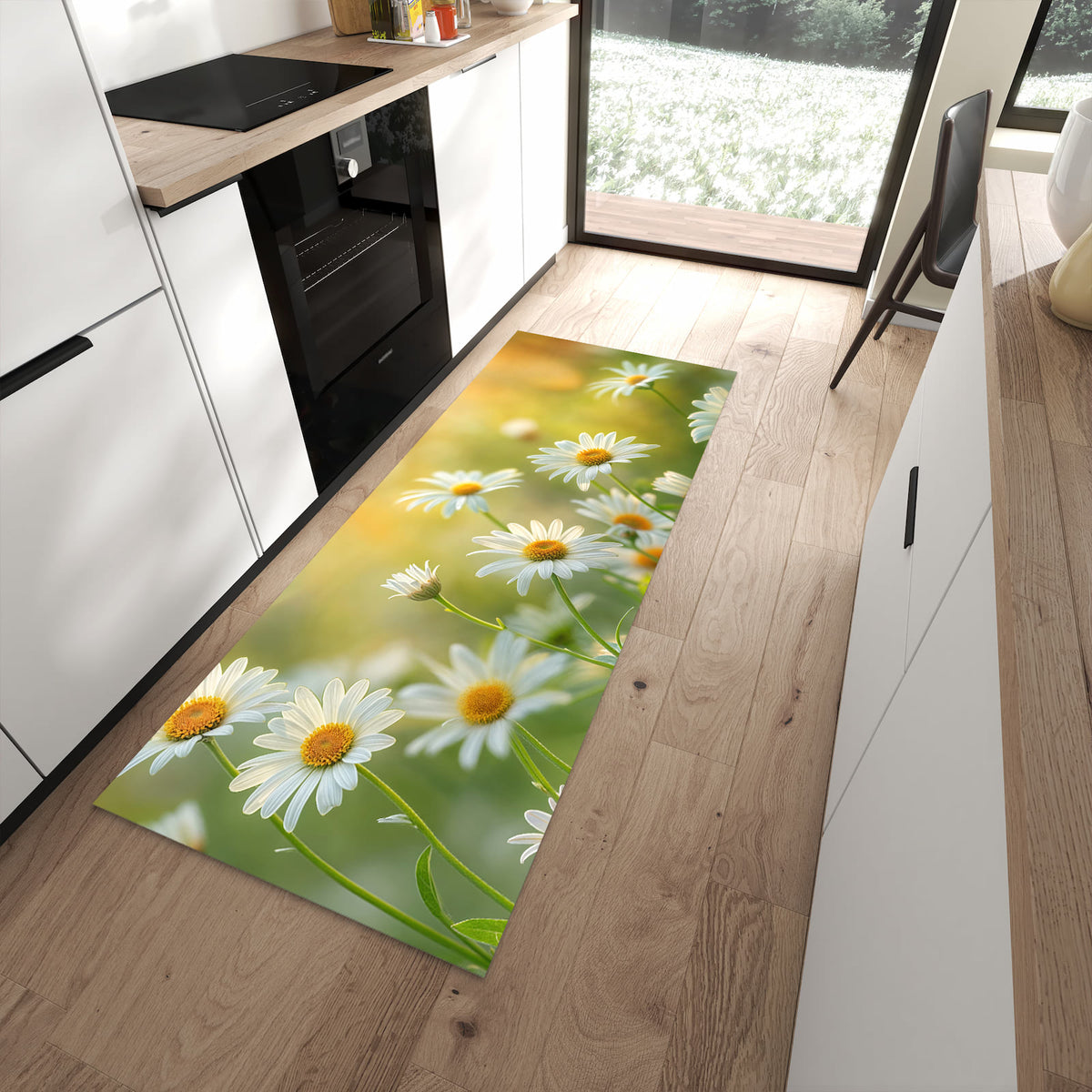 Langlebiger Küchenteppich mit Motiv Blühende Gänseblümchen in moderner Küche