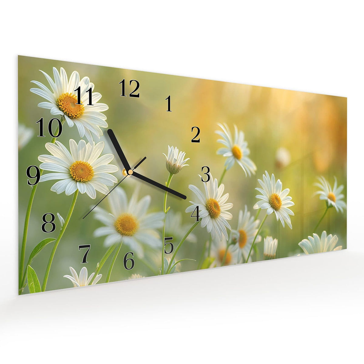 Vormontiert – mit Schwebeeffekt – Wanduhr Blühende Gänseblümchen aus Glas – Querformat 60 × 30 cm
