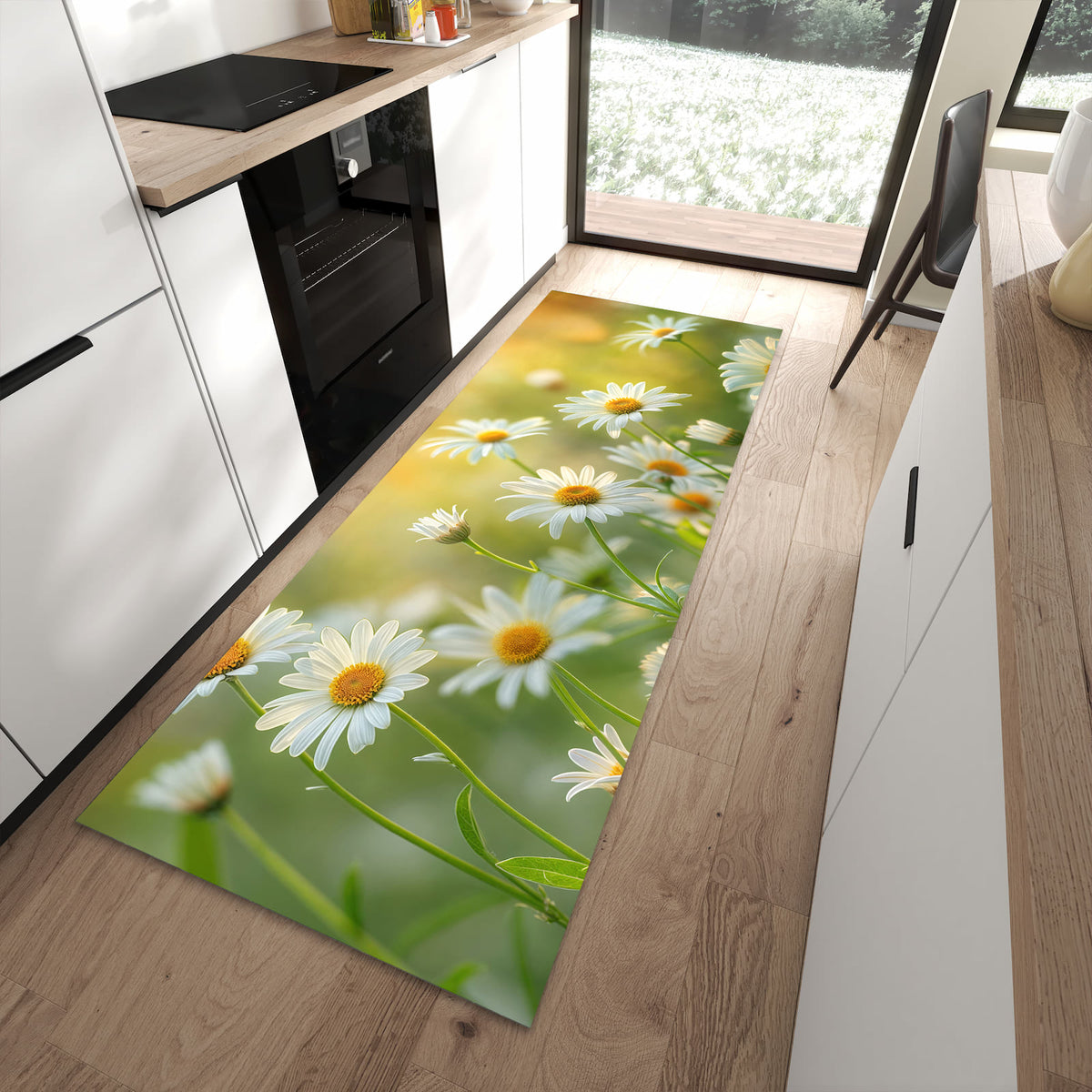 Pflegeleichter Küchenteppich mit Motiv Blühende Gänseblümchen in moderner Küche