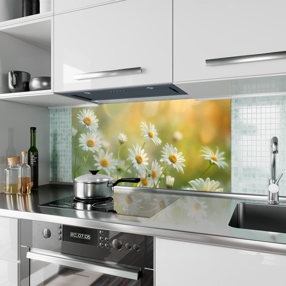 Küchenrückwand aus Glas Weiße Margeriten im Hochformat als Spritzschutz hinter dem Kochfeld, über dem Fliesenspiegel montiert
