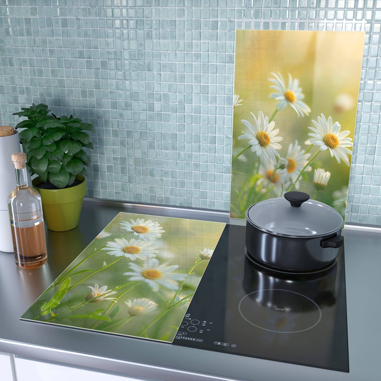 2-teilige Herdabdeckplatte mit Blühende Gänseblümchen-Motiv als Spritzschutz hinter dem Kochfeld