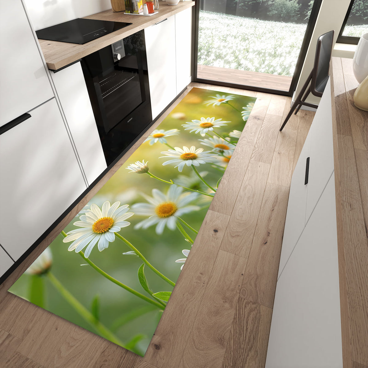 Pflegeleichter Teppich für die Küche mit Motiv Blühende Gänseblümchen in moderner Küche