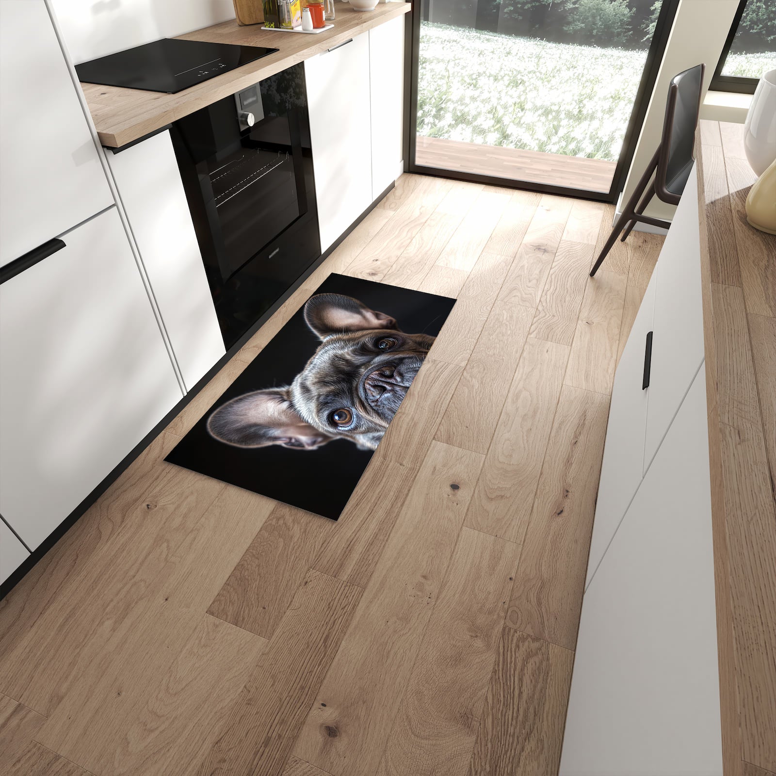 Strapazierfähiger waschbarer Küchenteppich mit Motiv Bulldoggenportrait in moderner Küche #grösse_60 x 120 cm