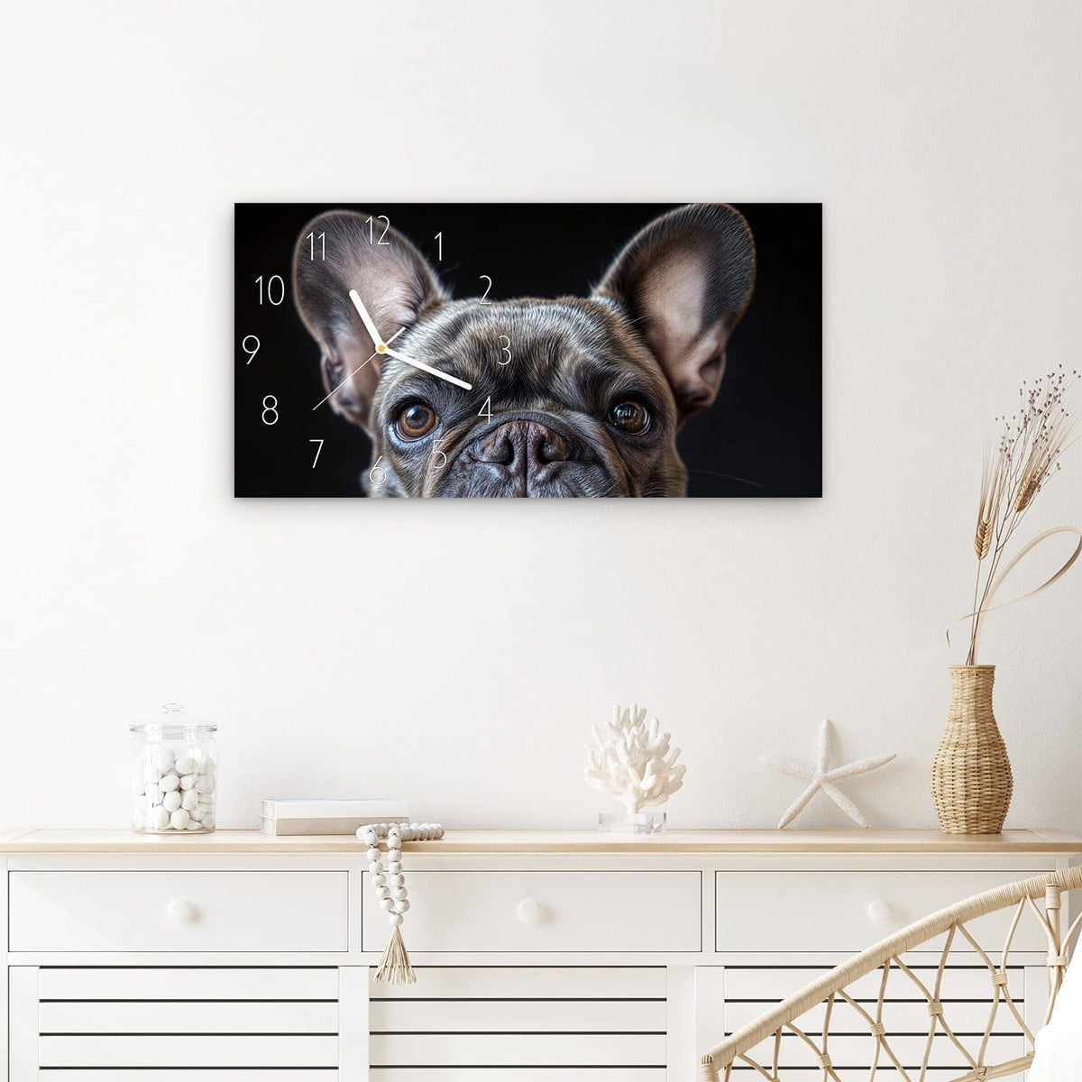 Wanduhr Hundeporträt aus Glas – Querformat 60 × 30 cm – Hund mit ausdrucksvollen Augen