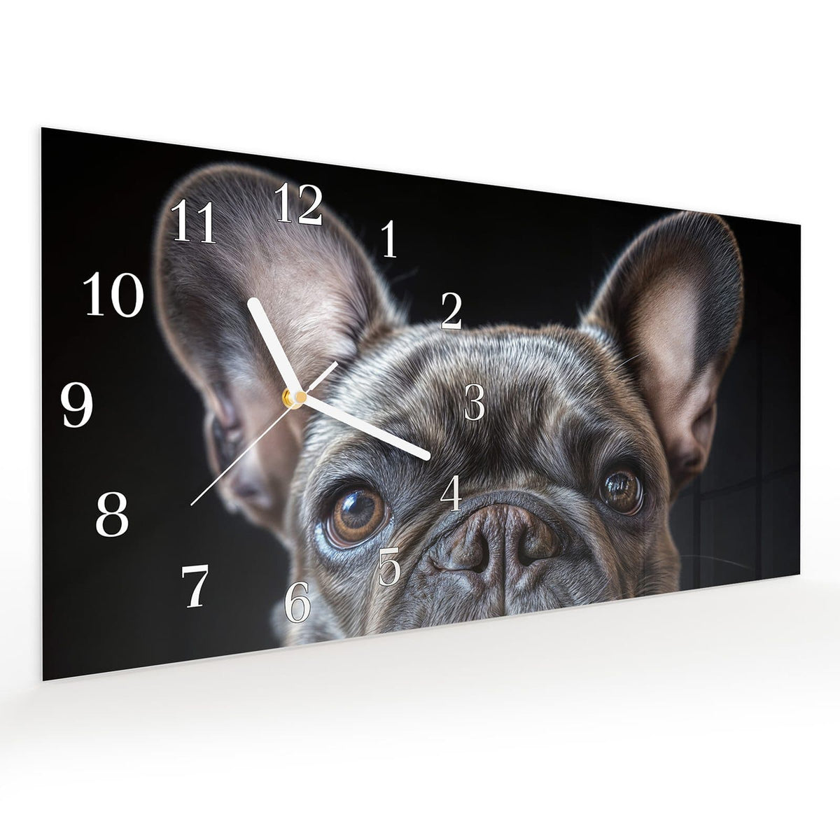 Vormontiert – mit Schwebeeffekt – Wanduhr Hundeporträt aus Glas – Querformat 60 × 30 cm