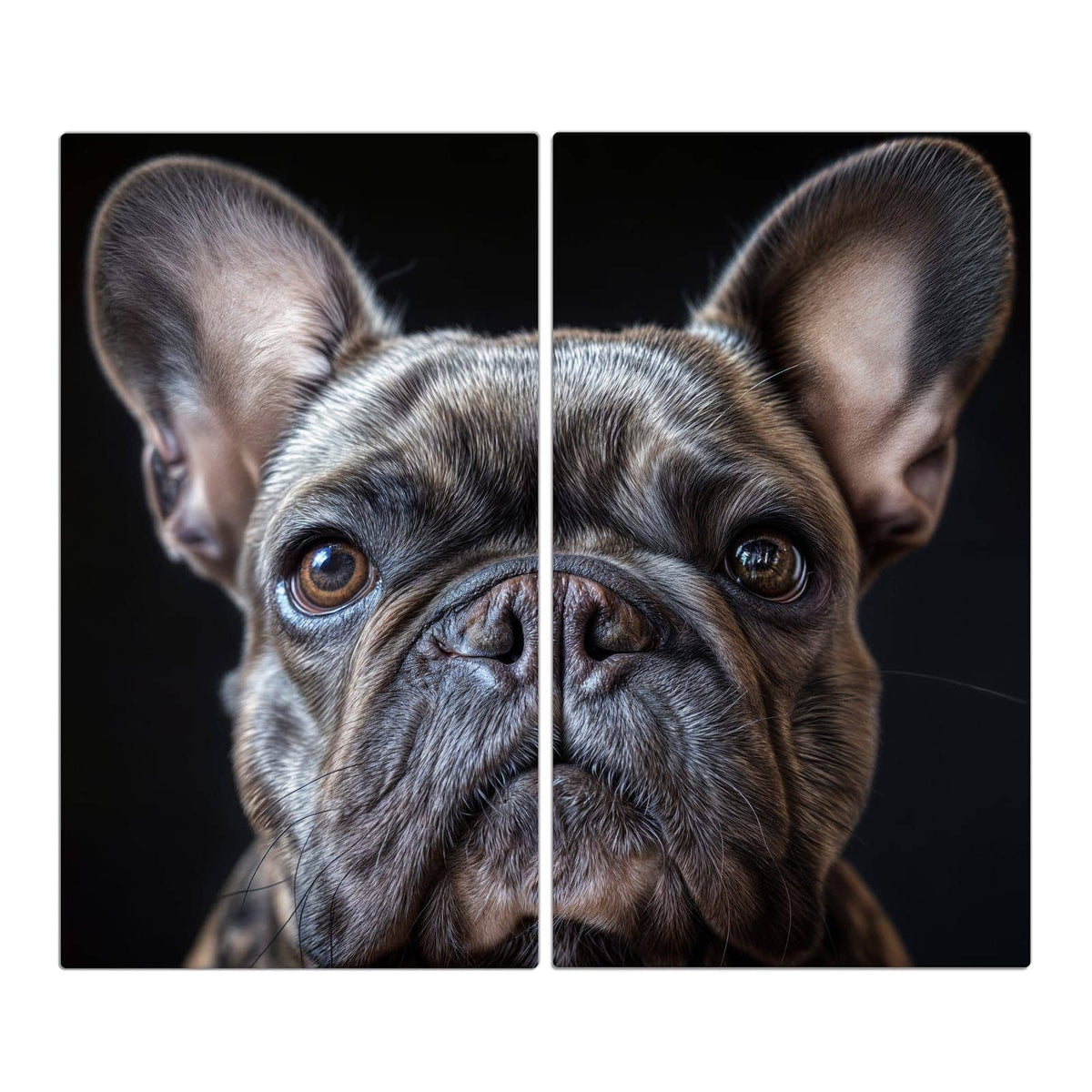 Französische Bulldogge, Kopf formatfüllend vor schwarzem Hintergrund