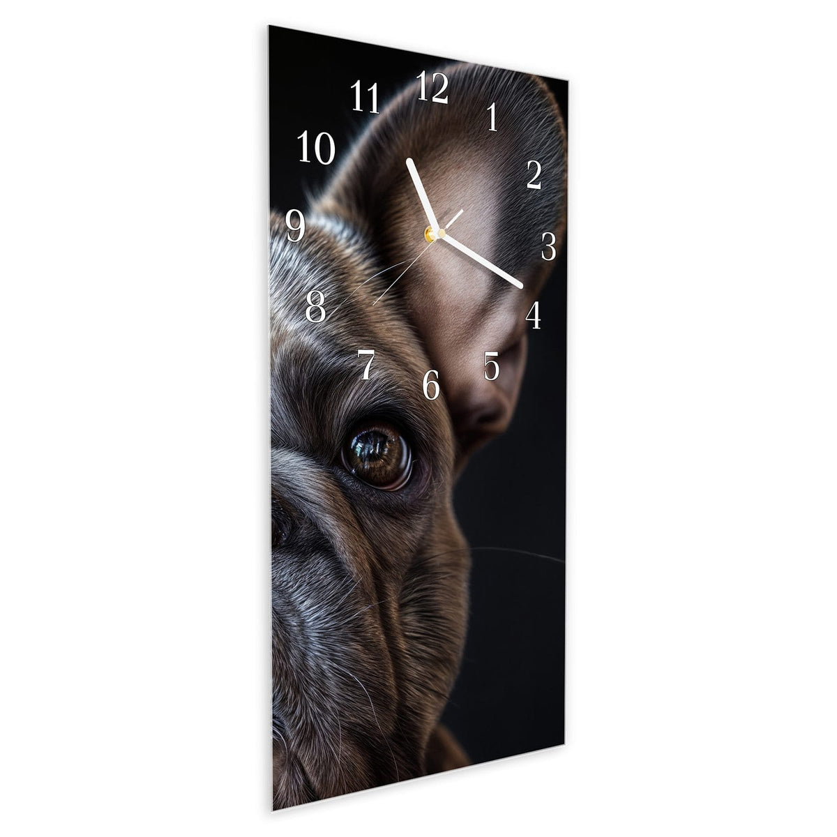 Vormontiert – mit Schwebeeffekt – Wanduhr Hundeporträt aus Glas – Hochformat 30 × 60 cm