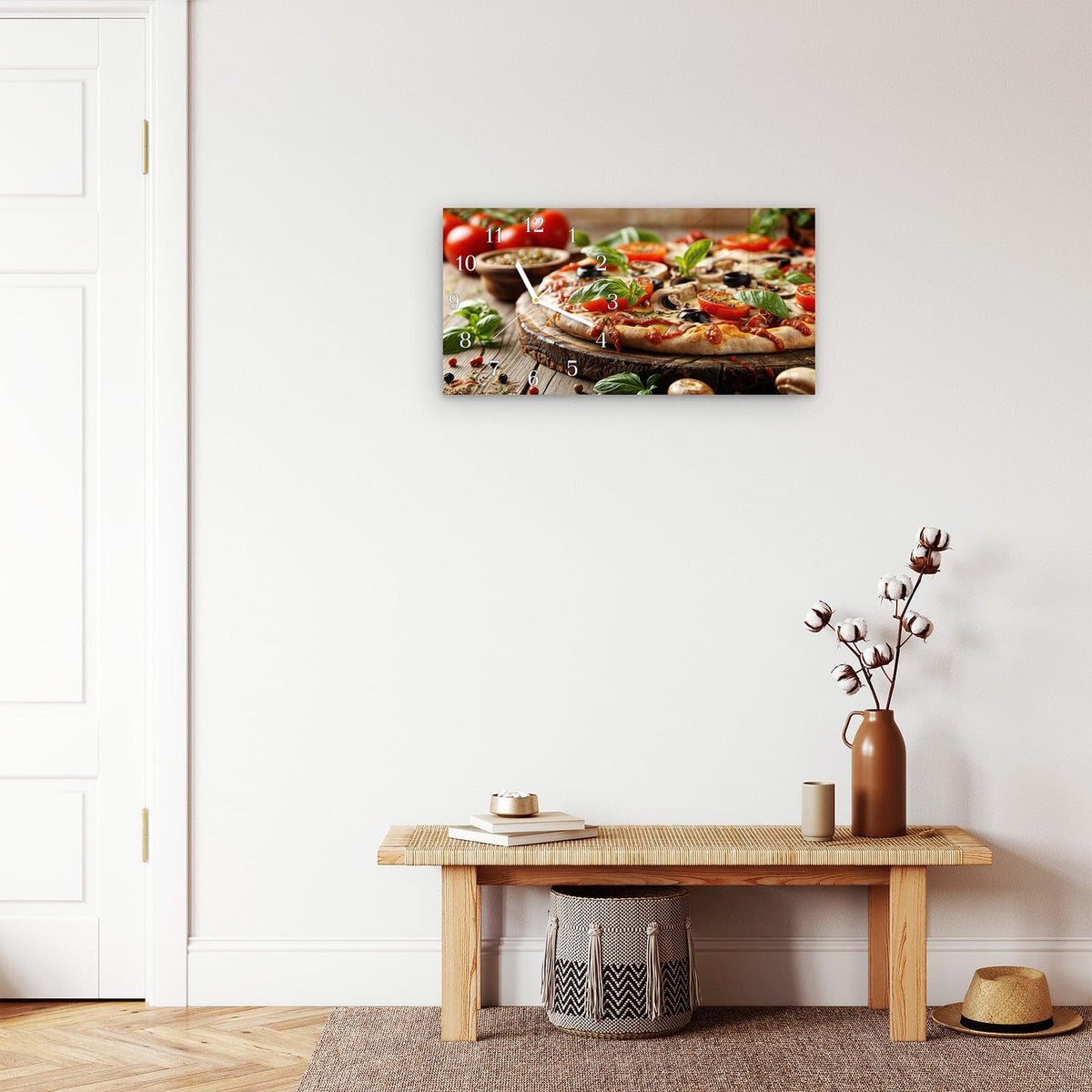 Moderne Wanduhr aus Glas mit Farbtiefe – Wanduhr Pizza im Holzofen aus Glas – Querformat 60 × 30 cm