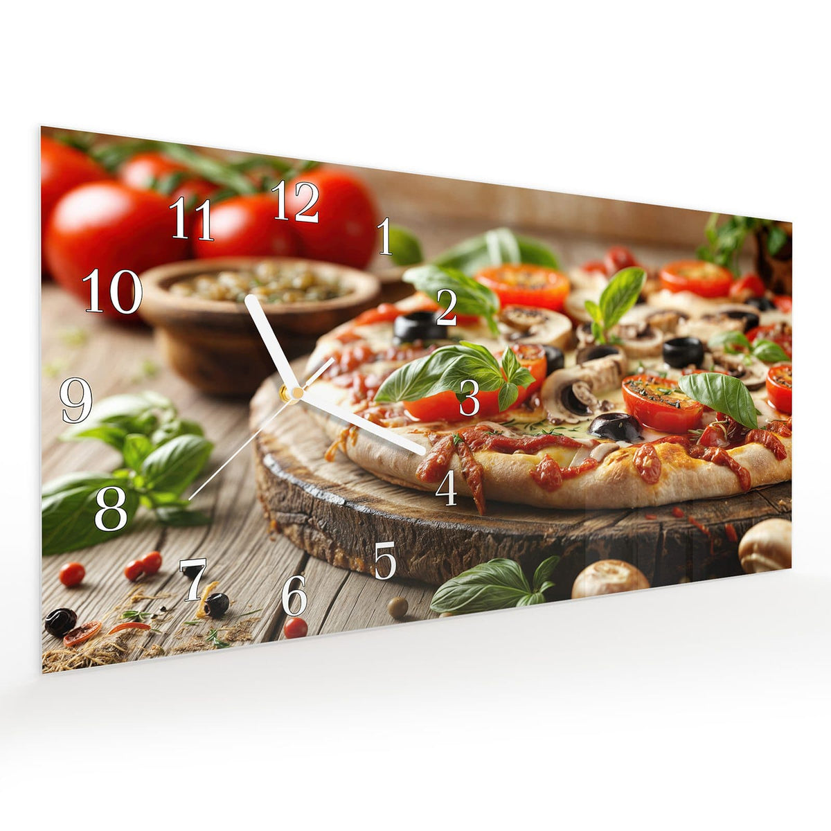 Vormontiert – mit Schwebeeffekt – Wanduhr Pizza im Holzofen aus Glas – Querformat 60 × 30 cm