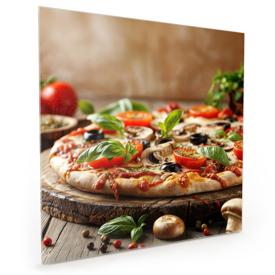 Maße Küchenrückwand Pizza auf Holzbrett aus Glas