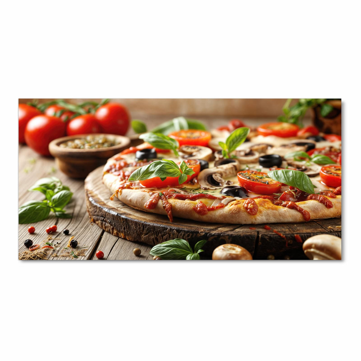 Formstabiler Küchenteppich mit Motiv Pizza im Holzofen in Frontansicht