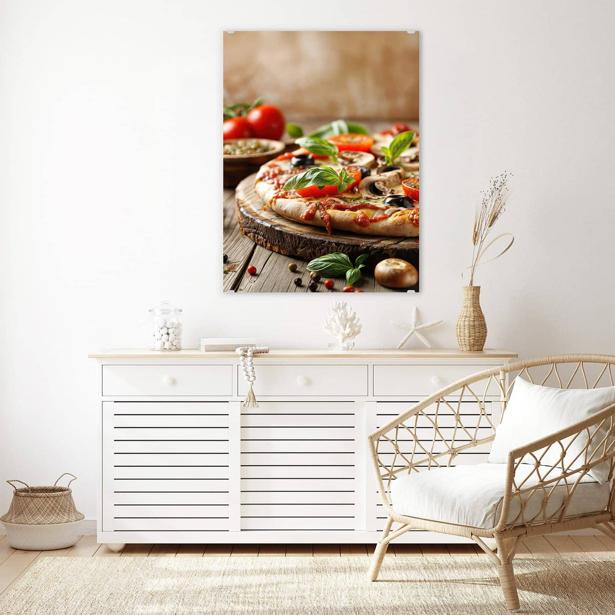 Aufhängung liegt bei – Motiv später wechselbar – Wandbild - Pizza auf Holzbrett - Hochformat